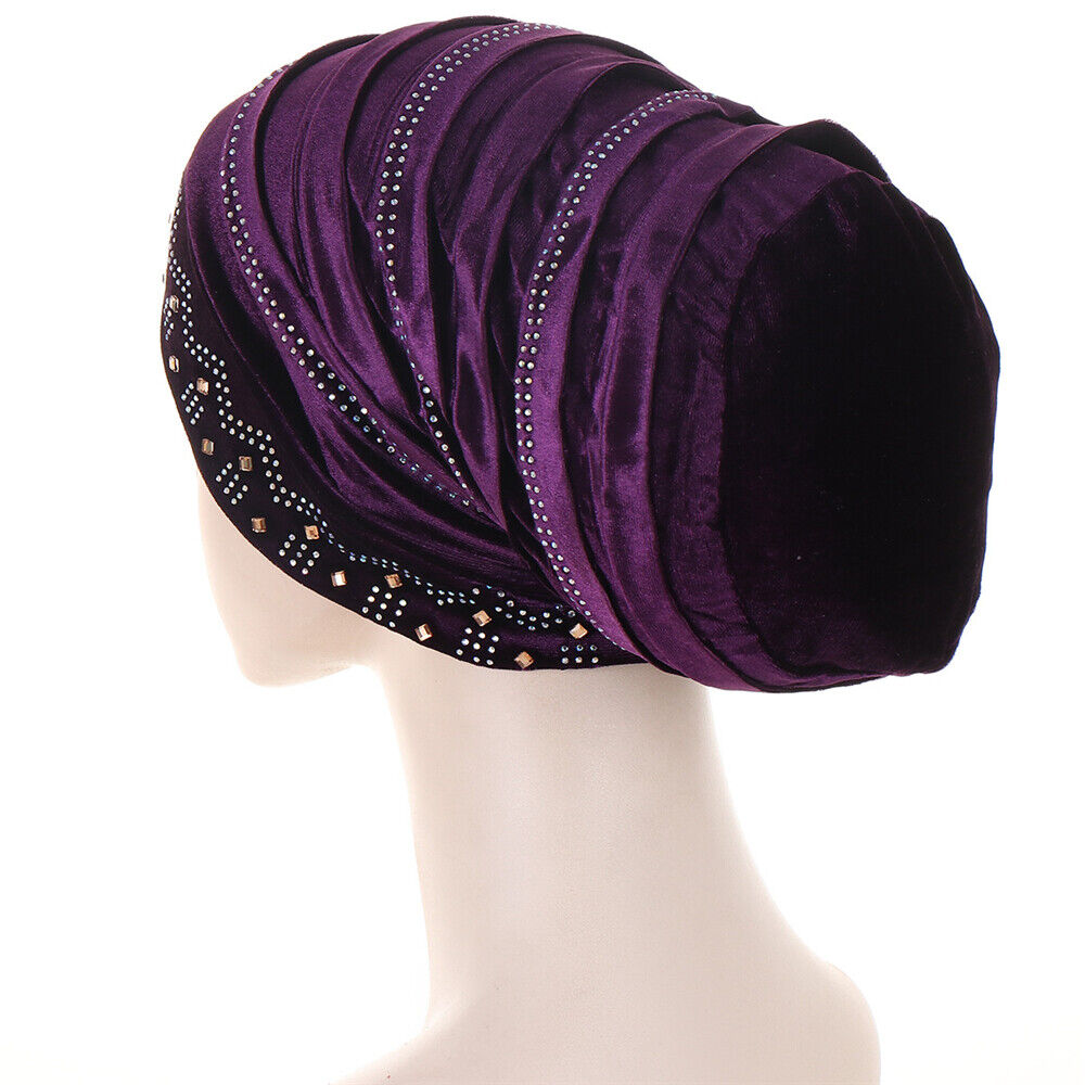 Women Muslim Hats Turban Velvet Head Cover Rhinestone Cancer Chemo Baggy Caps - Picture 60 of 60