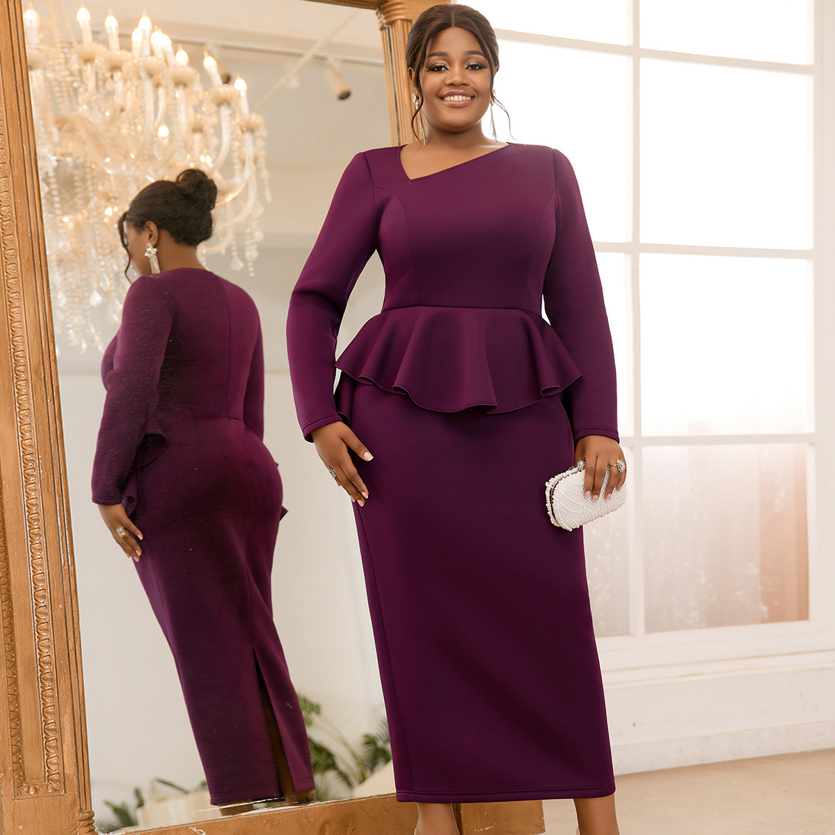 AOMEI Damen Peplum Party Midi Kleid Kirche Arbeit Business Bodycon Kleider S-4XL - Bild 14 von 19