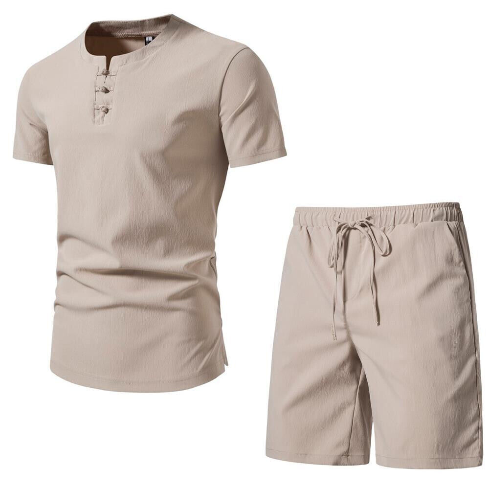 Men's Chinese Outfit Casual Short Sleeve Suit Style Solid Color Beach Shorts Set - Picture 16 of 22