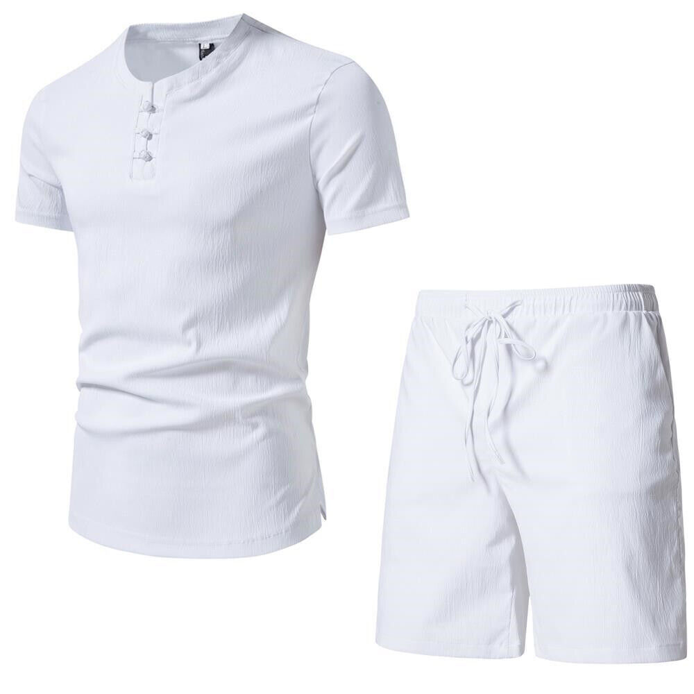 Men's Chinese Outfit Casual Short Sleeve Suit Style Solid Color Beach Shorts Set - Picture 18 of 22