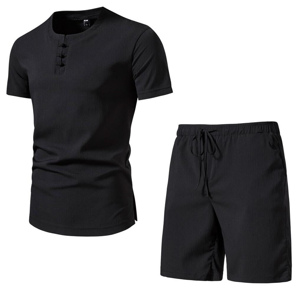 Men's Chinese Outfit Casual Short Sleeve Suit Style Solid Color Beach Shorts Set - Picture 17 of 22