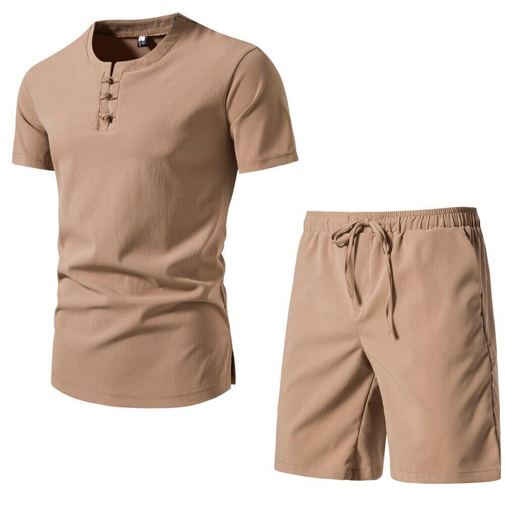 Men's Chinese Outfit Casual Short Sleeve Suit Style Solid Color Beach Shorts Set - Picture 21 of 22