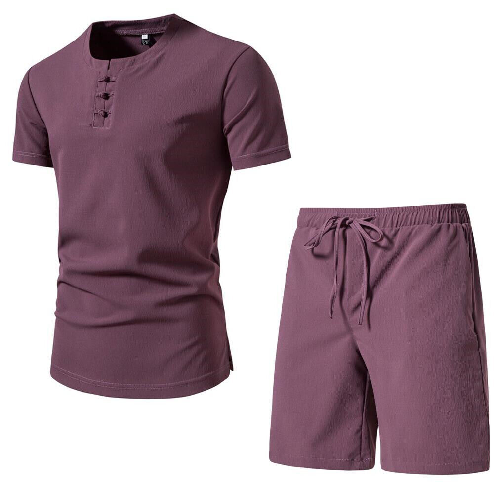 Men's Chinese Outfit Casual Short Sleeve Suit Style Solid Color Beach Shorts Set - Picture 19 of 22
