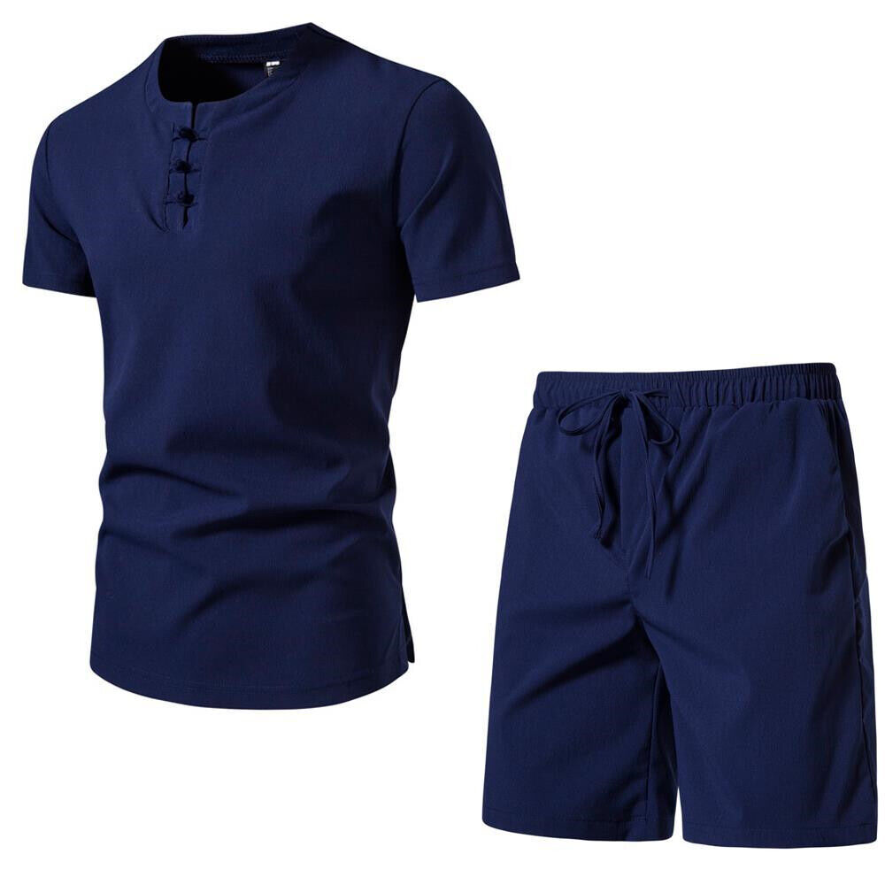 Men's Chinese Outfit Casual Short Sleeve Suit Style Solid Color Beach Shorts Set - Picture 22 of 22