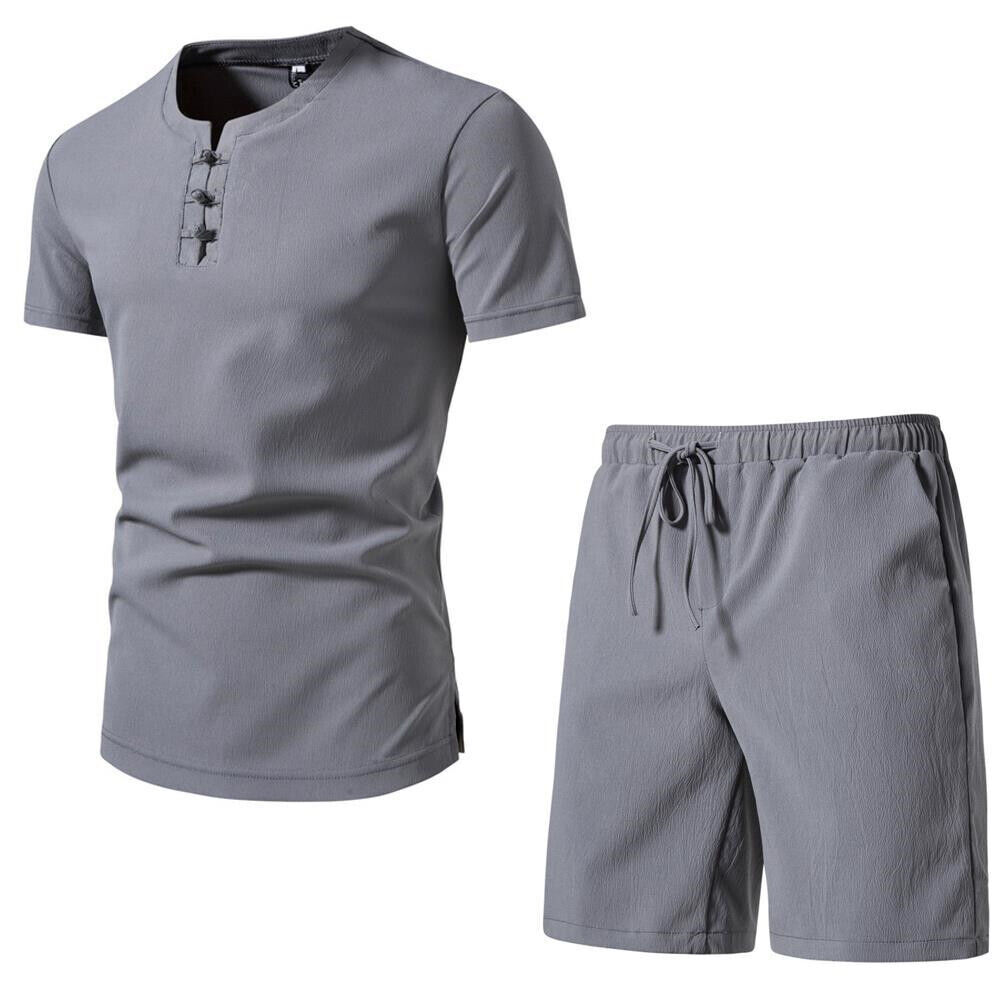 Men's Chinese Outfit Casual Short Sleeve Suit Style Solid Color Beach Shorts Set - Picture 20 of 22