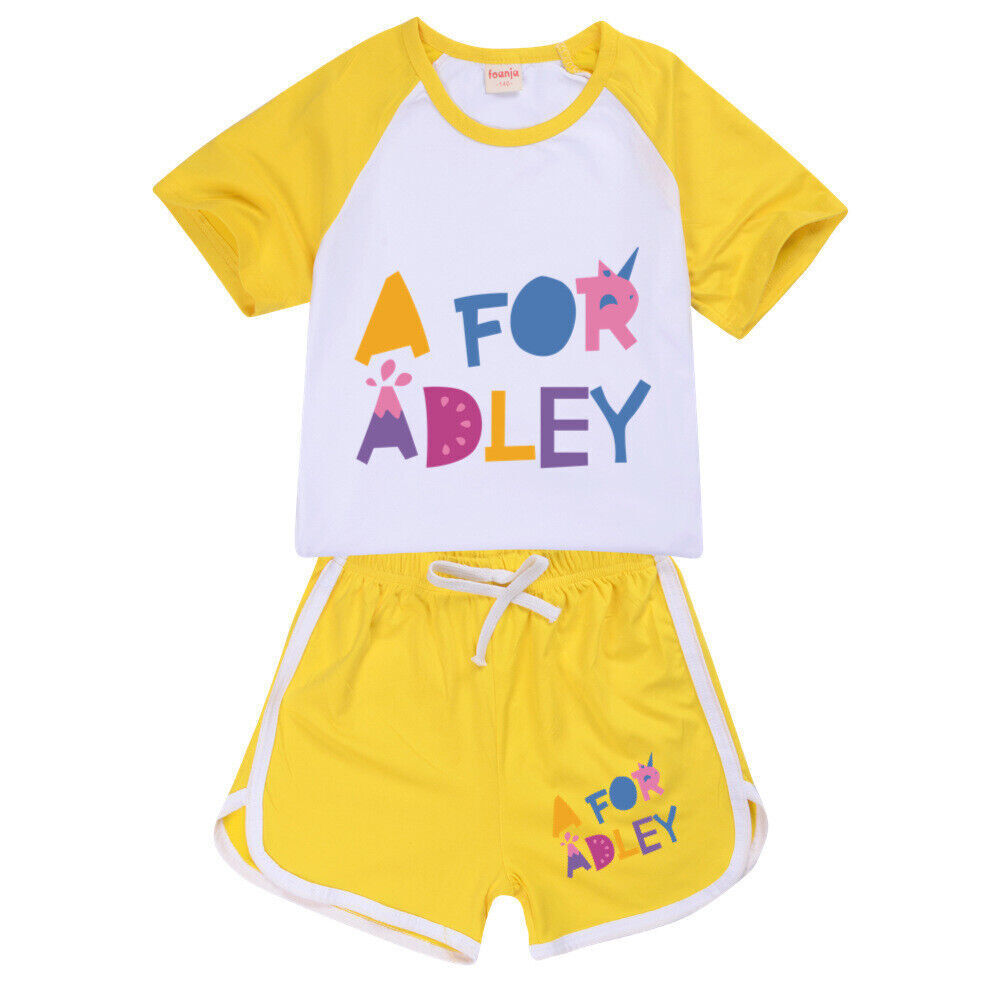 A for Adley Kids Girls Boys T-shirt + Short School T shirts Sports Top 100-170cm - Picture 30 of 48