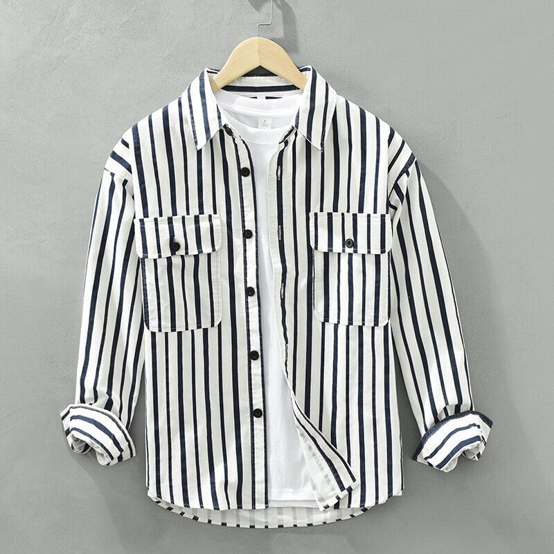 Mens Spring Top Cotton Blend Retro Style Long Sleeve Striped Button Shirts M-3XL - Picture 13 of 14