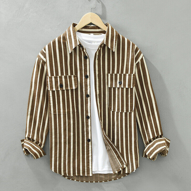 Mens Spring Top Cotton Blend Retro Style Long Sleeve Striped Button Shirts M-3XL - Picture 14 of 14