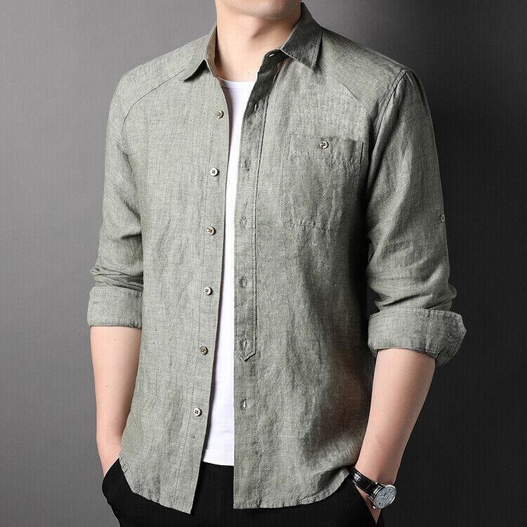 Mens Button Down Pocket Shirts Casual Work Tops Linen Blend Shirt Long Sleeve S - Picture 19 of 19