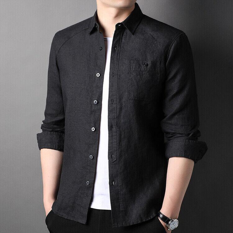 Mens Button Down Pocket Shirts Casual Work Tops Linen Blend Shirt Long Sleeve S - Picture 16 of 19