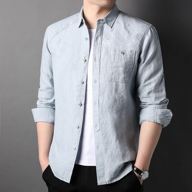 Mens Button Down Pocket Shirts Casual Work Tops Linen Blend Shirt Long Sleeve S - Picture 17 of 19