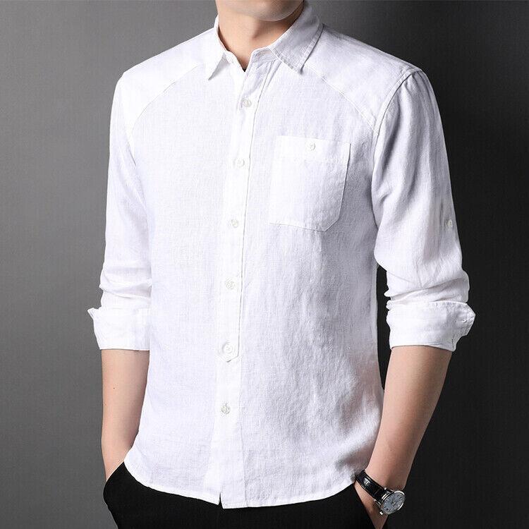 Mens Button Down Pocket Shirts Casual Work Tops Linen Blend Shirt Long Sleeve S - Picture 18 of 19