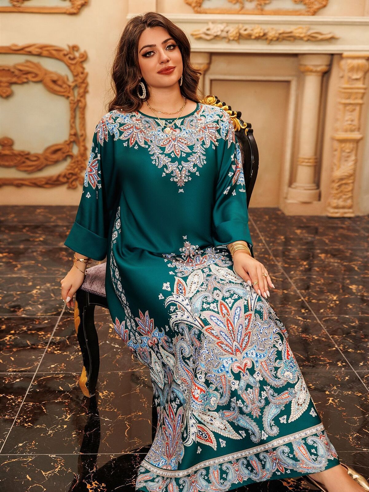 Women Muslim Abaya Maxi Dress Evening Kaftan Long Robe Floral Printed Arab Gown - Picture 27 of 406