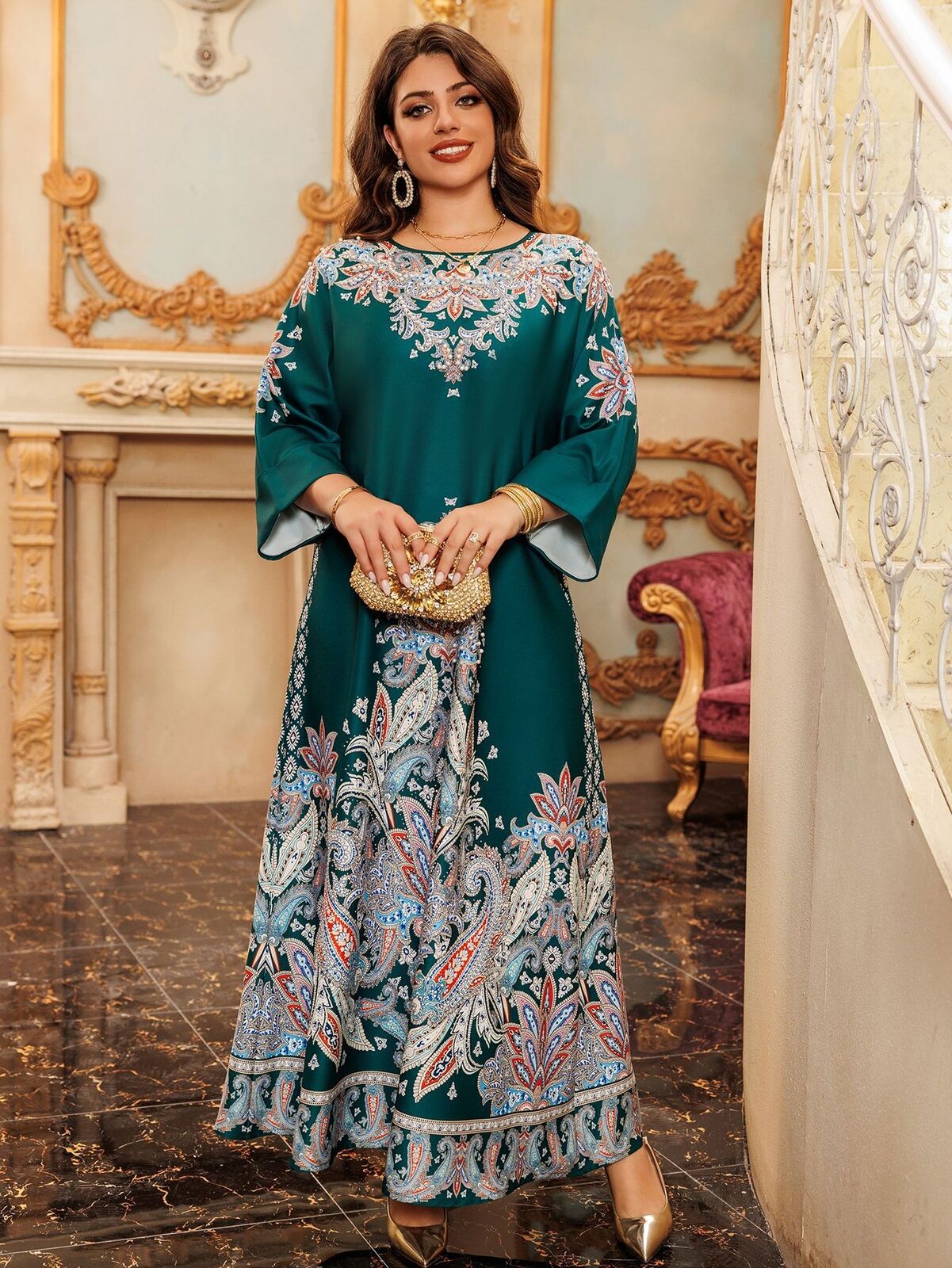 Women Muslim Abaya Maxi Dress Evening Kaftan Long Robe Floral Printed Arab Gown - Picture 28 of 406