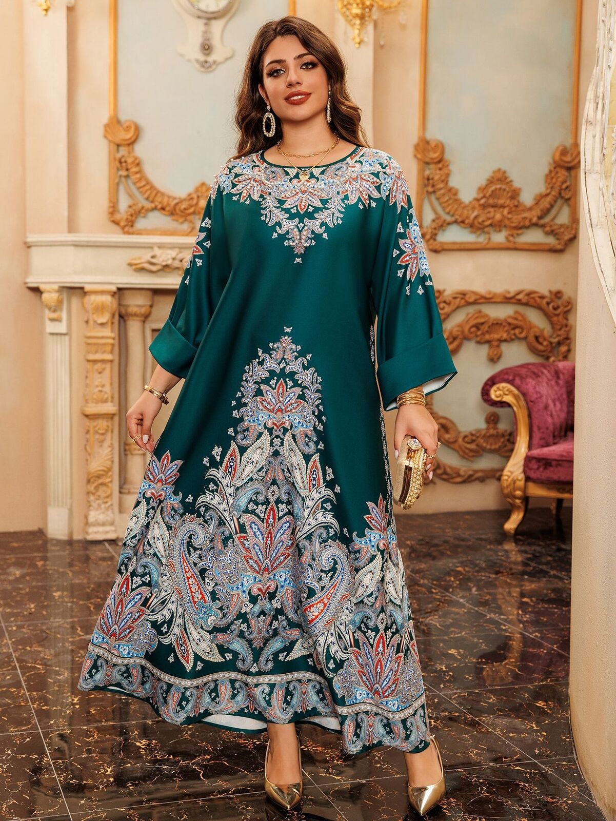 Women Muslim Abaya Maxi Dress Evening Kaftan Long Robe Floral Printed Arab Gown - Picture 29 of 406