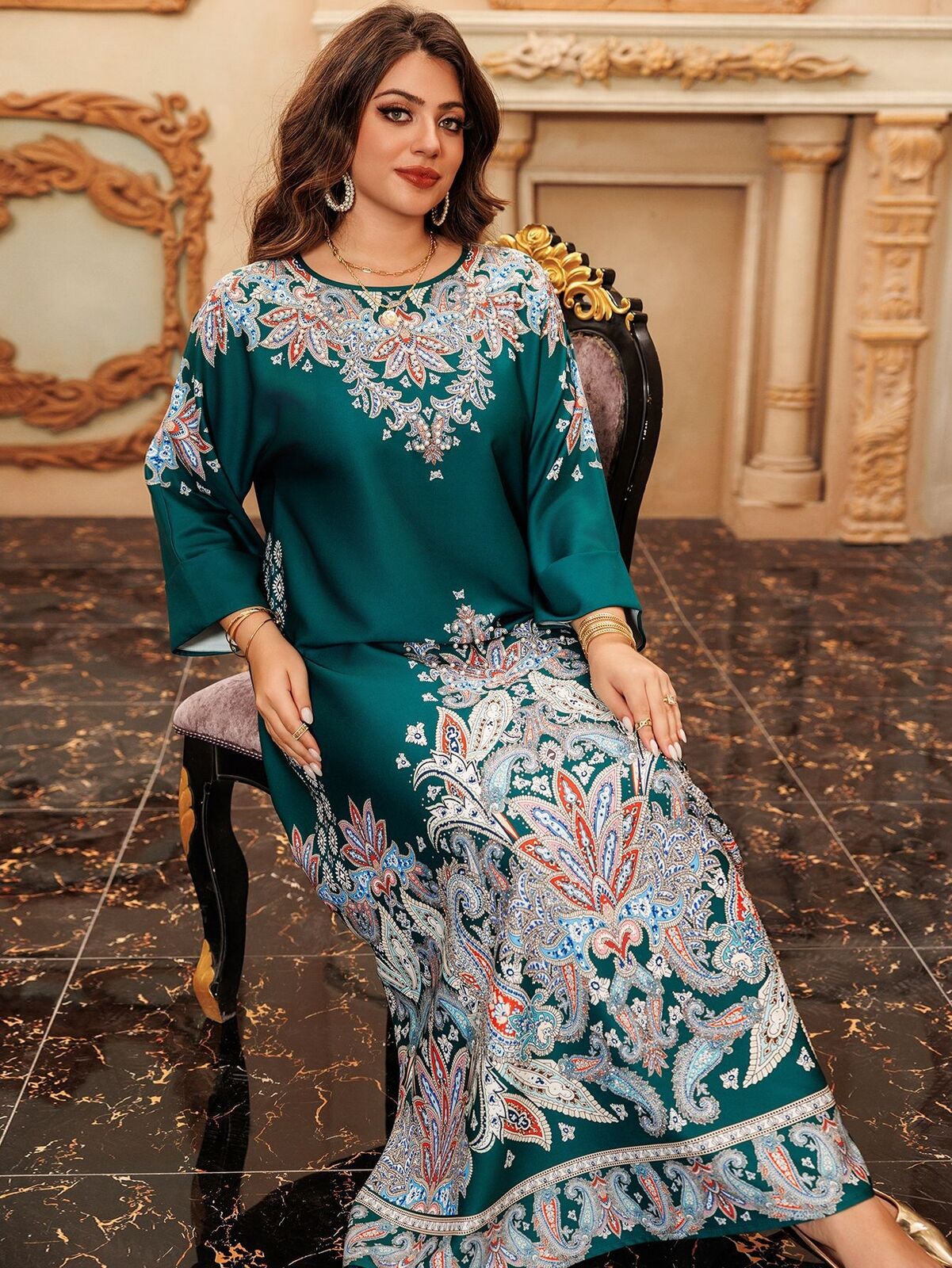 Women Muslim Abaya Maxi Dress Evening Kaftan Long Robe Floral Printed Arab Gown - Picture 30 of 406