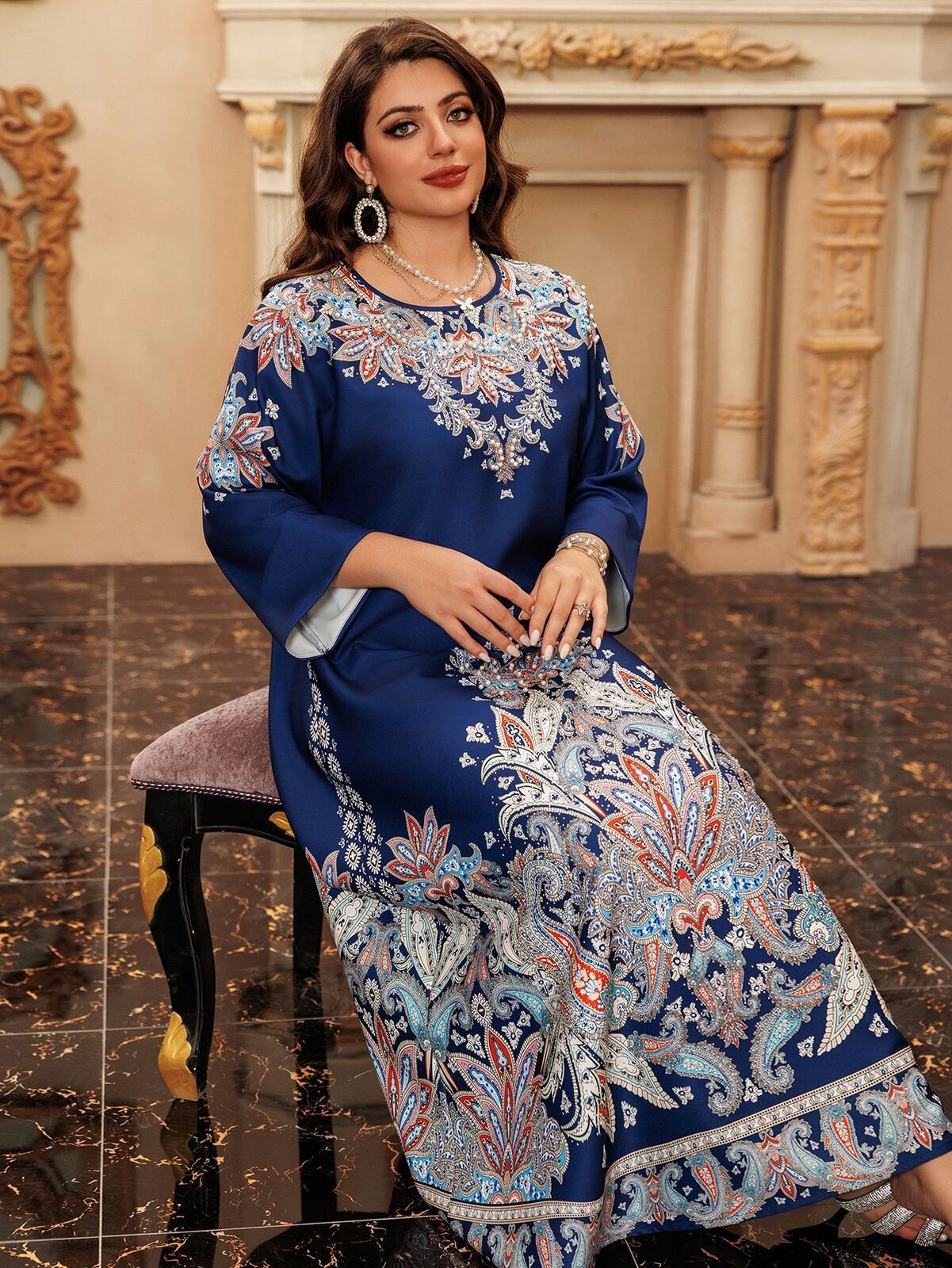 Women Muslim Abaya Maxi Dress Evening Kaftan Long Robe Floral Printed Arab Gown - Picture 41 of 406
