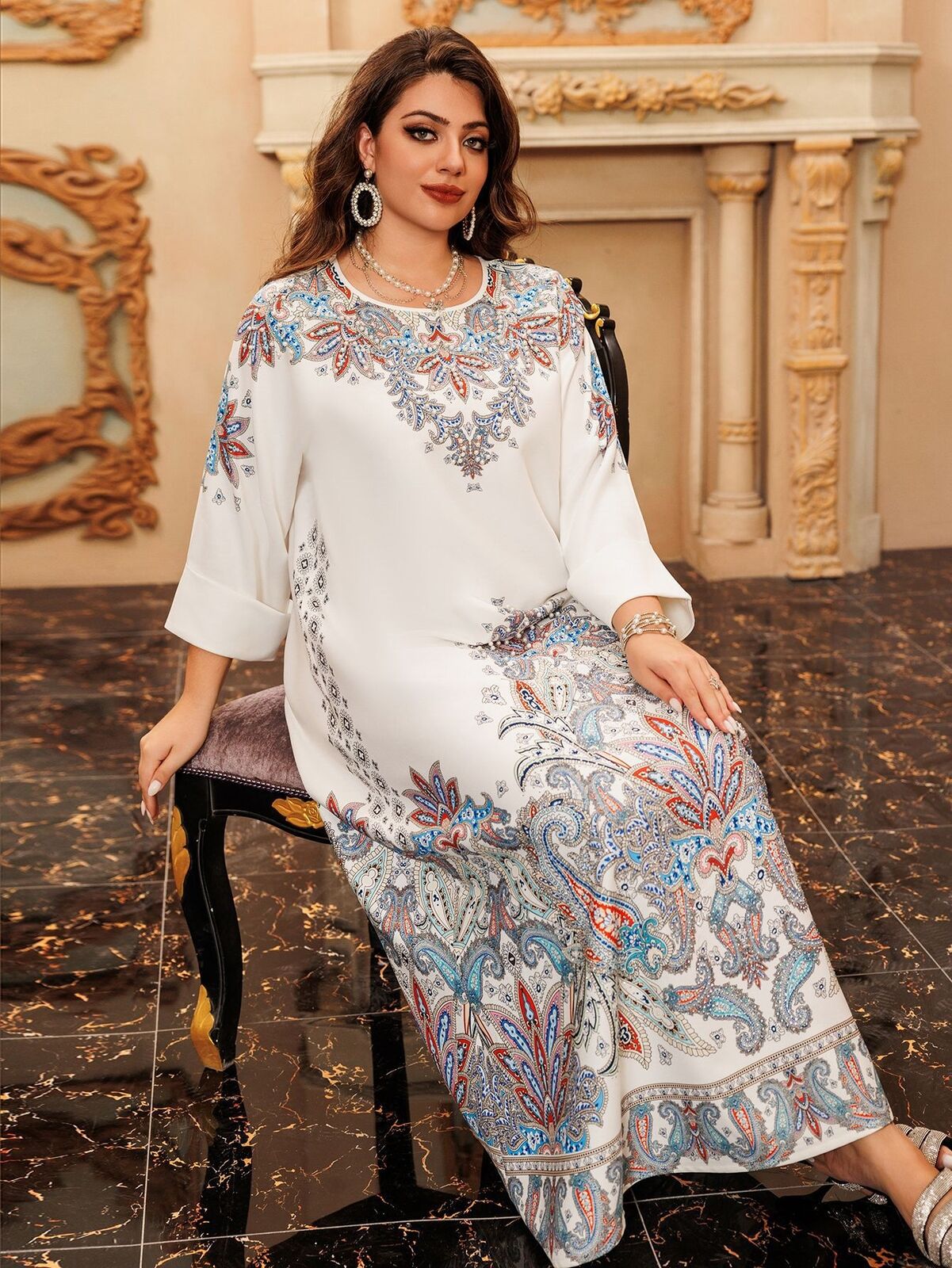 Women Muslim Abaya Maxi Dress Evening Kaftan Long Robe Floral Printed Arab Gown - Picture 50 of 406
