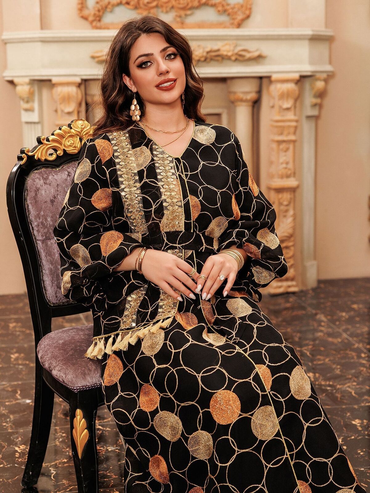 Women Muslim Abaya Maxi Dress Evening Kaftan Long Robe Floral Printed Arab Gown - Picture 91 of 406