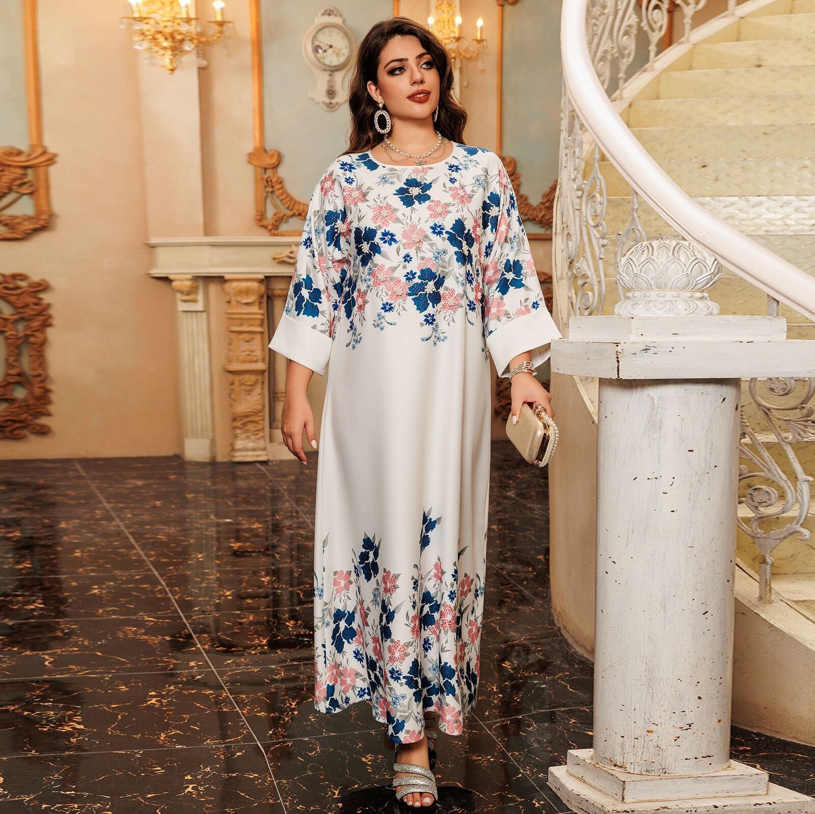 Women Muslim Abaya Maxi Dress Evening Kaftan Long Robe Floral Printed Arab Gown - Picture 96 of 406