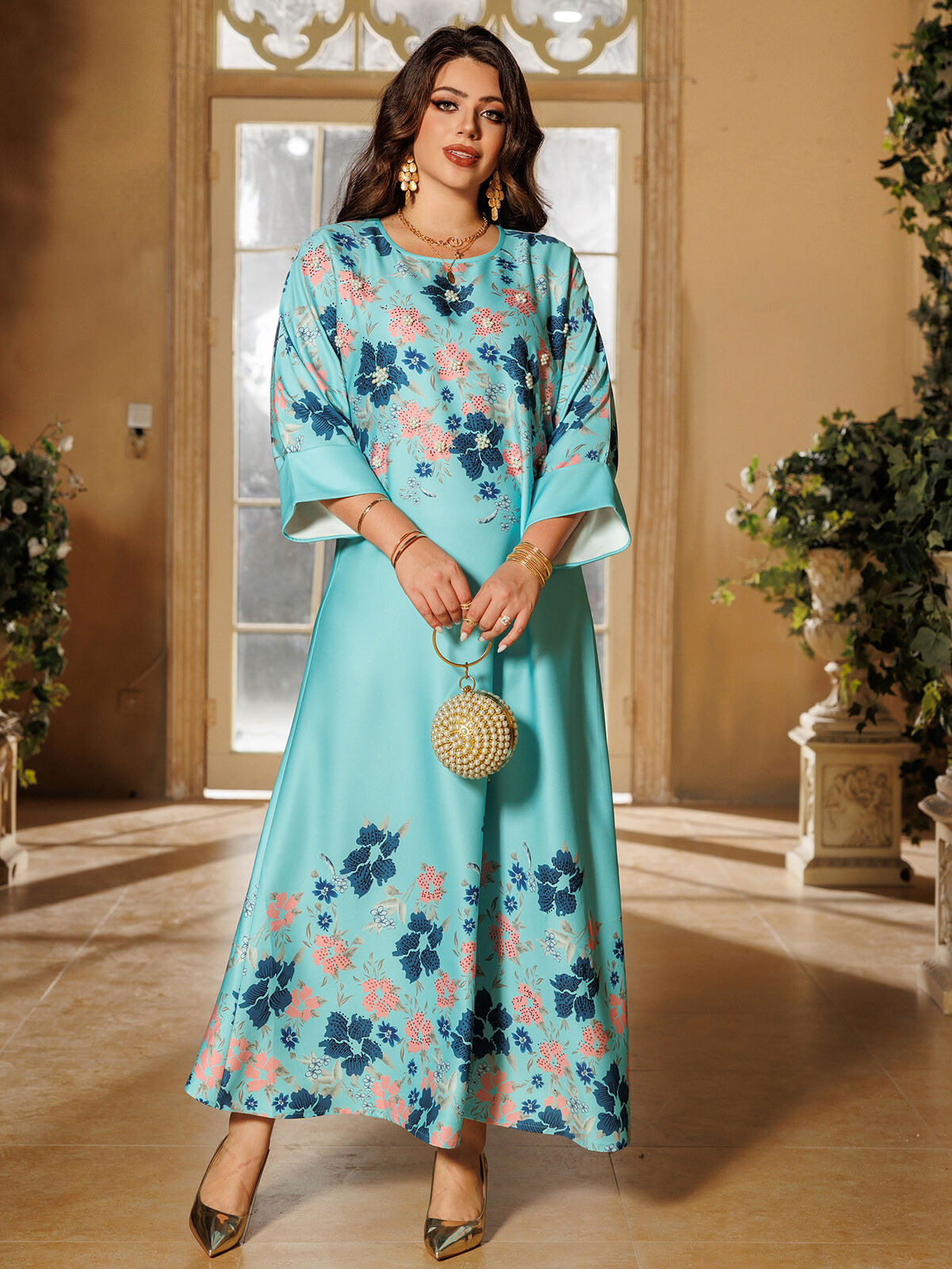 Women Muslim Abaya Maxi Dress Evening Kaftan Long Robe Floral Printed Arab Gown - Picture 103 of 406