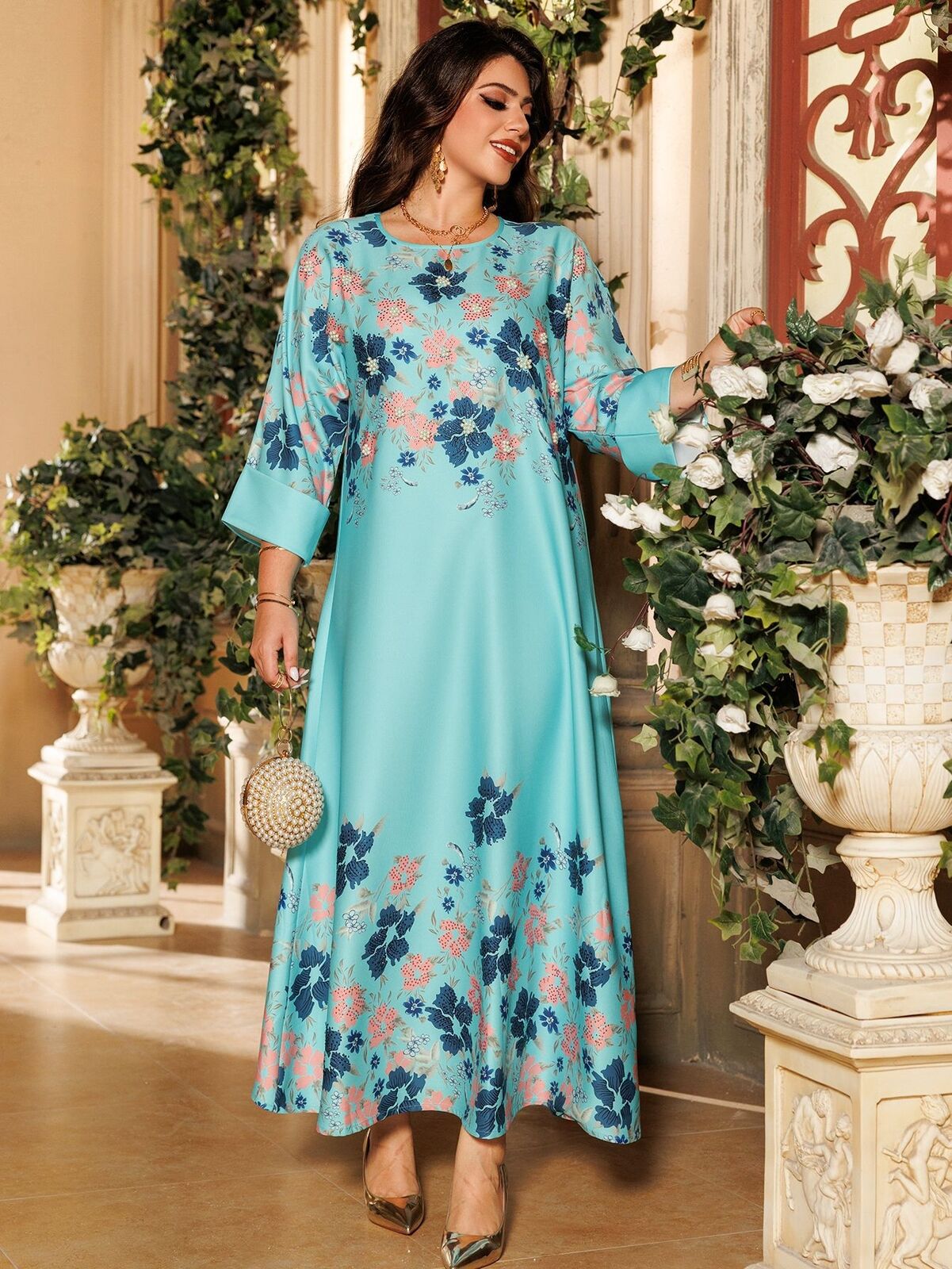 Women Muslim Abaya Maxi Dress Evening Kaftan Long Robe Floral Printed Arab Gown - Picture 104 of 406