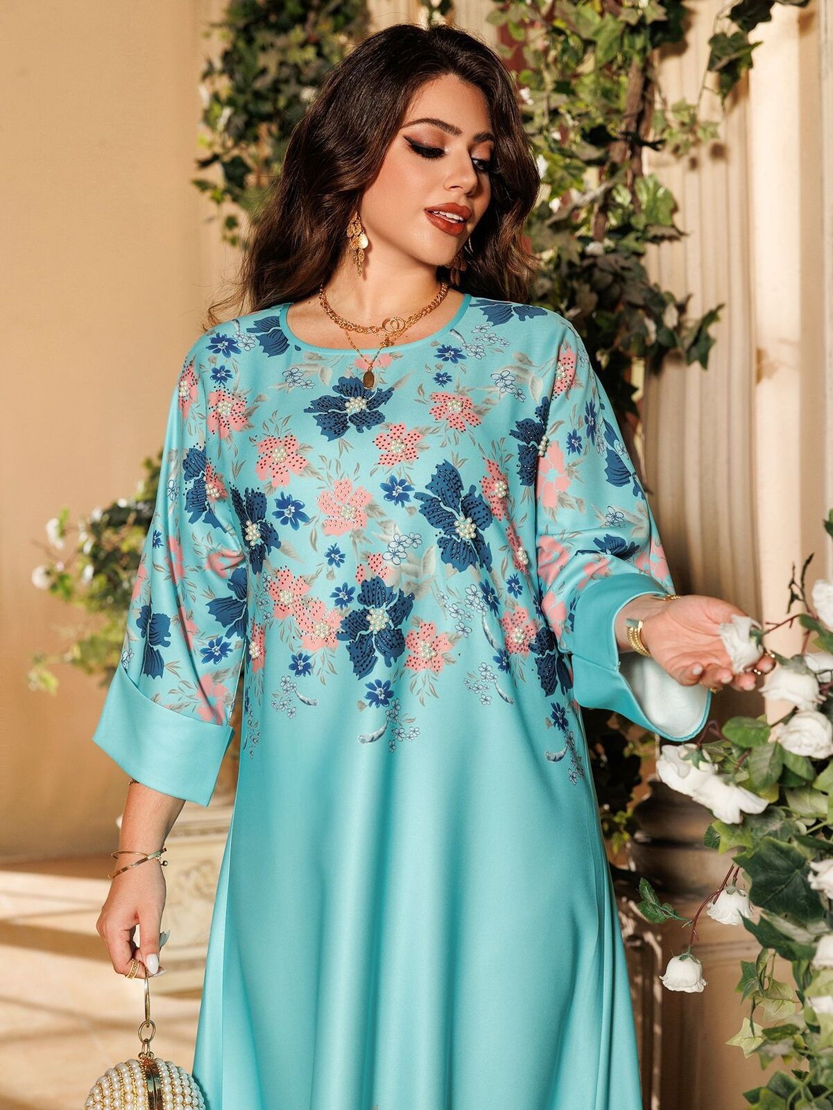 Women Muslim Abaya Maxi Dress Evening Kaftan Long Robe Floral Printed Arab Gown - Picture 105 of 406