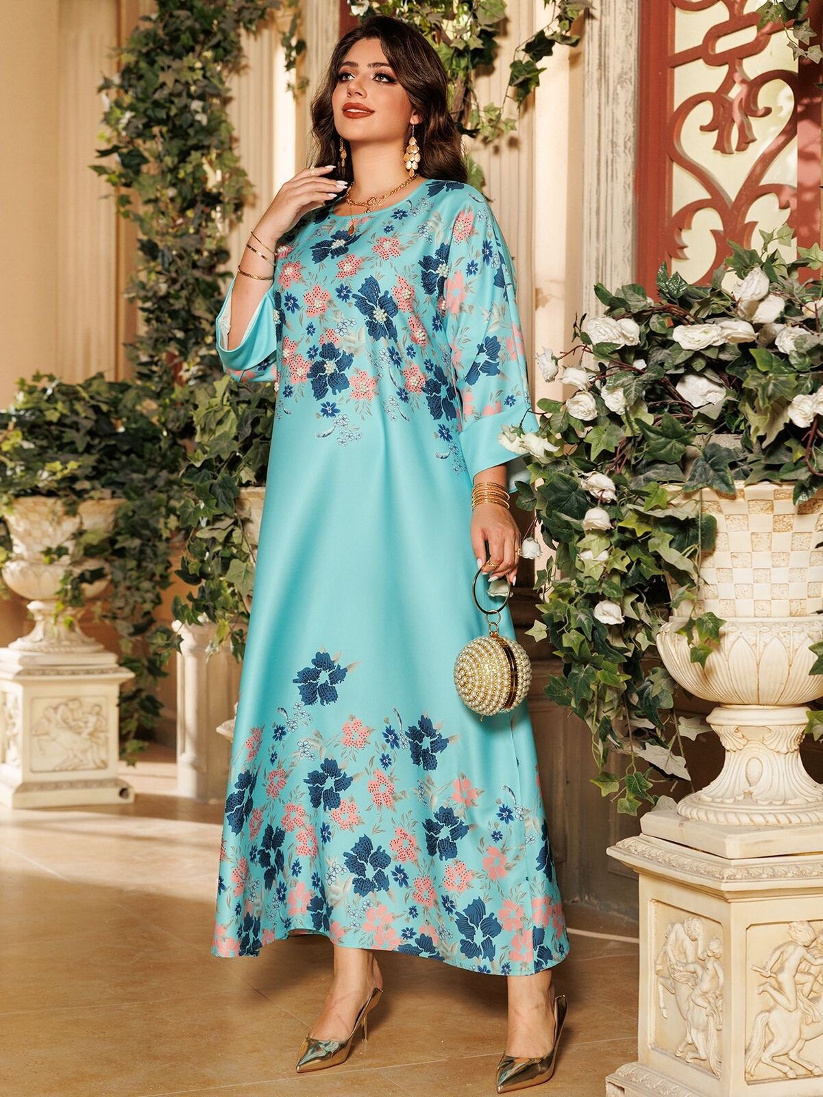 Women Muslim Abaya Maxi Dress Evening Kaftan Long Robe Floral Printed Arab Gown - Picture 106 of 406