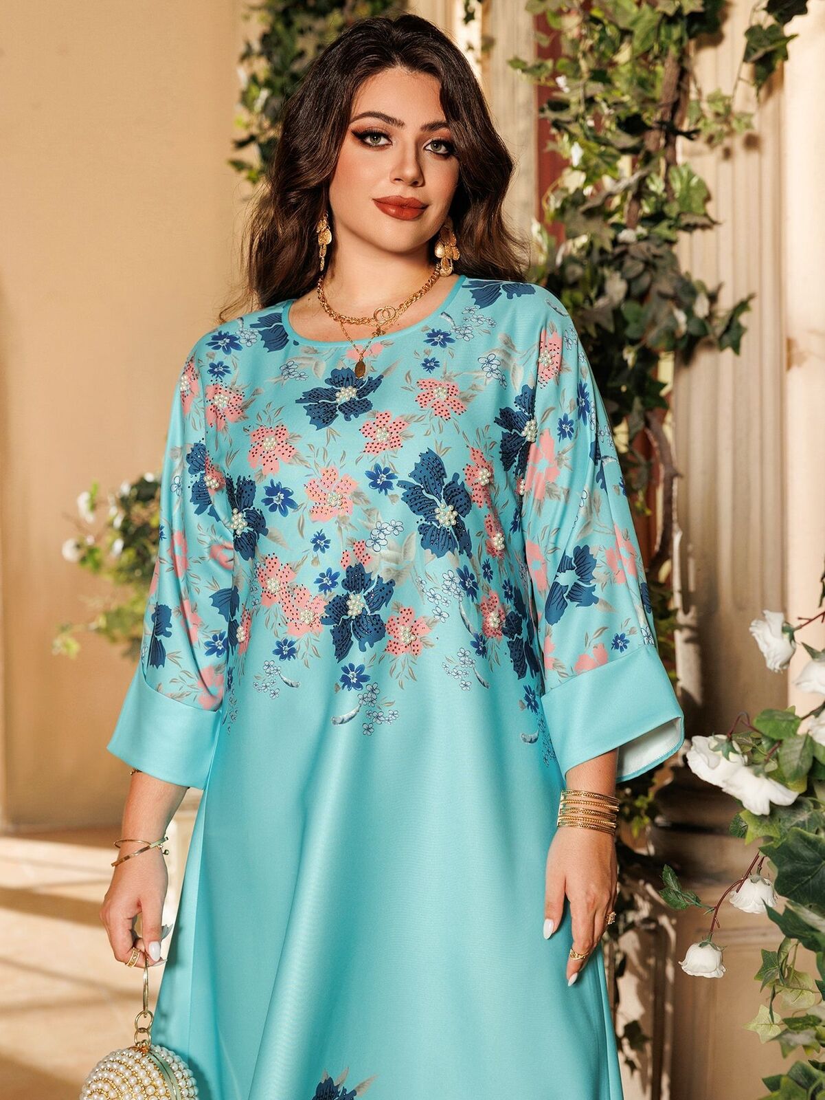 Women Muslim Abaya Maxi Dress Evening Kaftan Long Robe Floral Printed Arab Gown - Picture 107 of 406