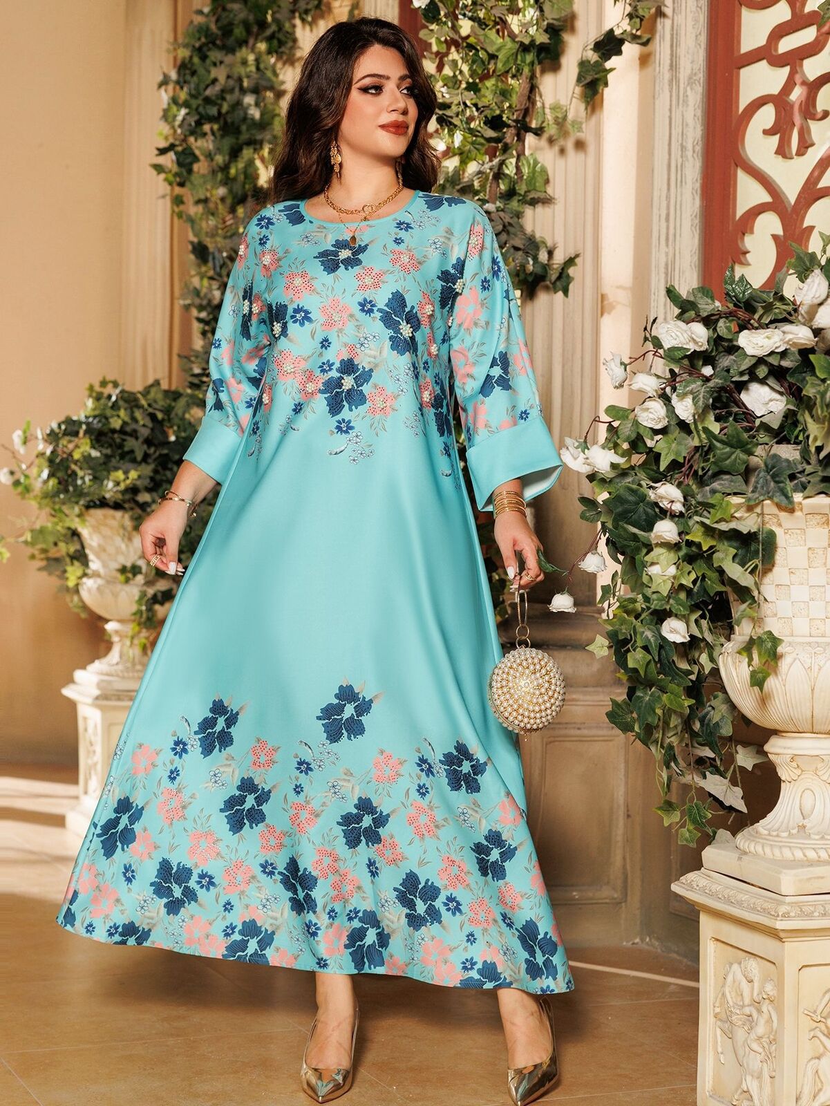 Women Muslim Abaya Maxi Dress Evening Kaftan Long Robe Floral Printed Arab Gown - Picture 108 of 406