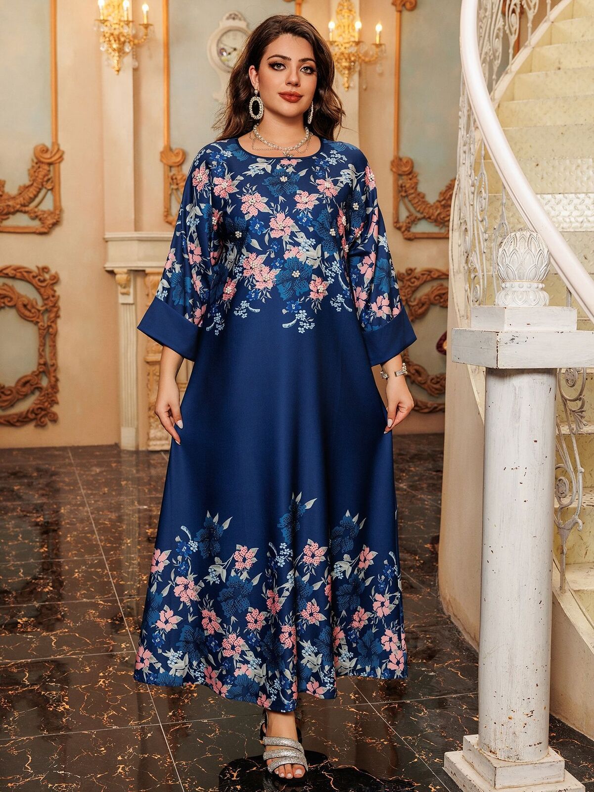 Women Muslim Abaya Maxi Dress Evening Kaftan Long Robe Floral Printed Arab Gown - Picture 111 of 406