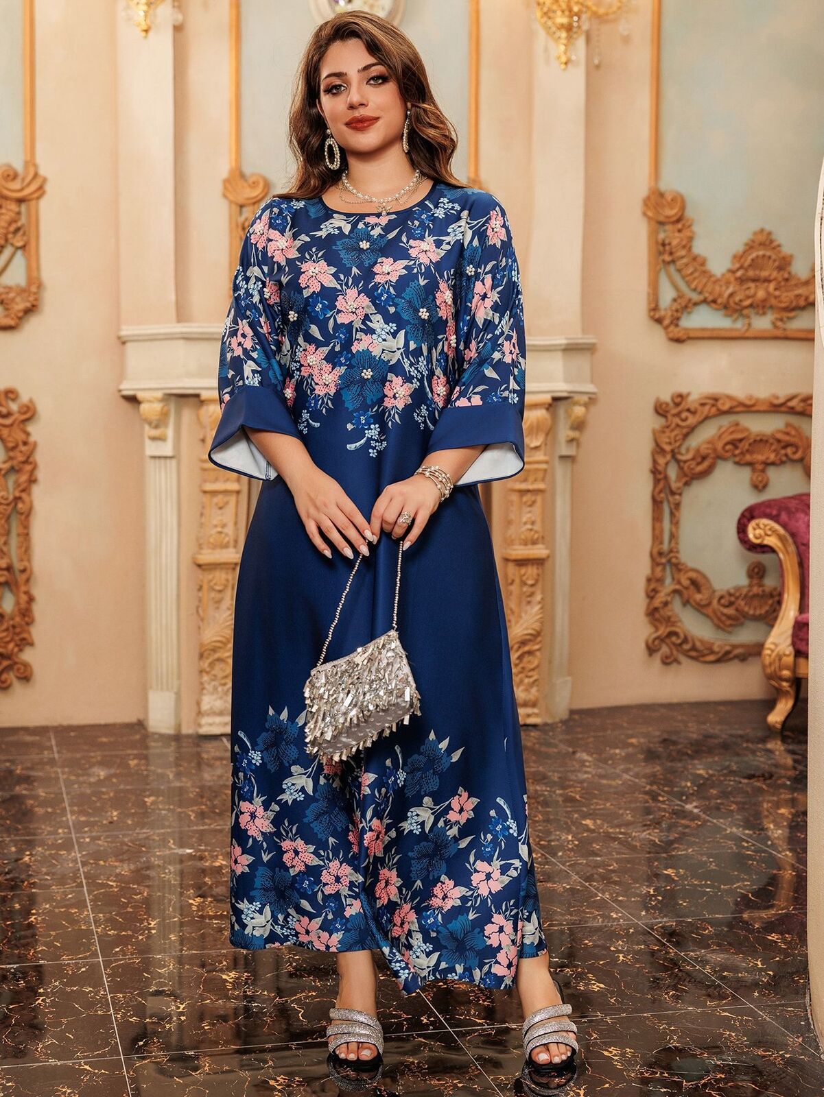 Women Muslim Abaya Maxi Dress Evening Kaftan Long Robe Floral Printed Arab Gown - Picture 114 of 406