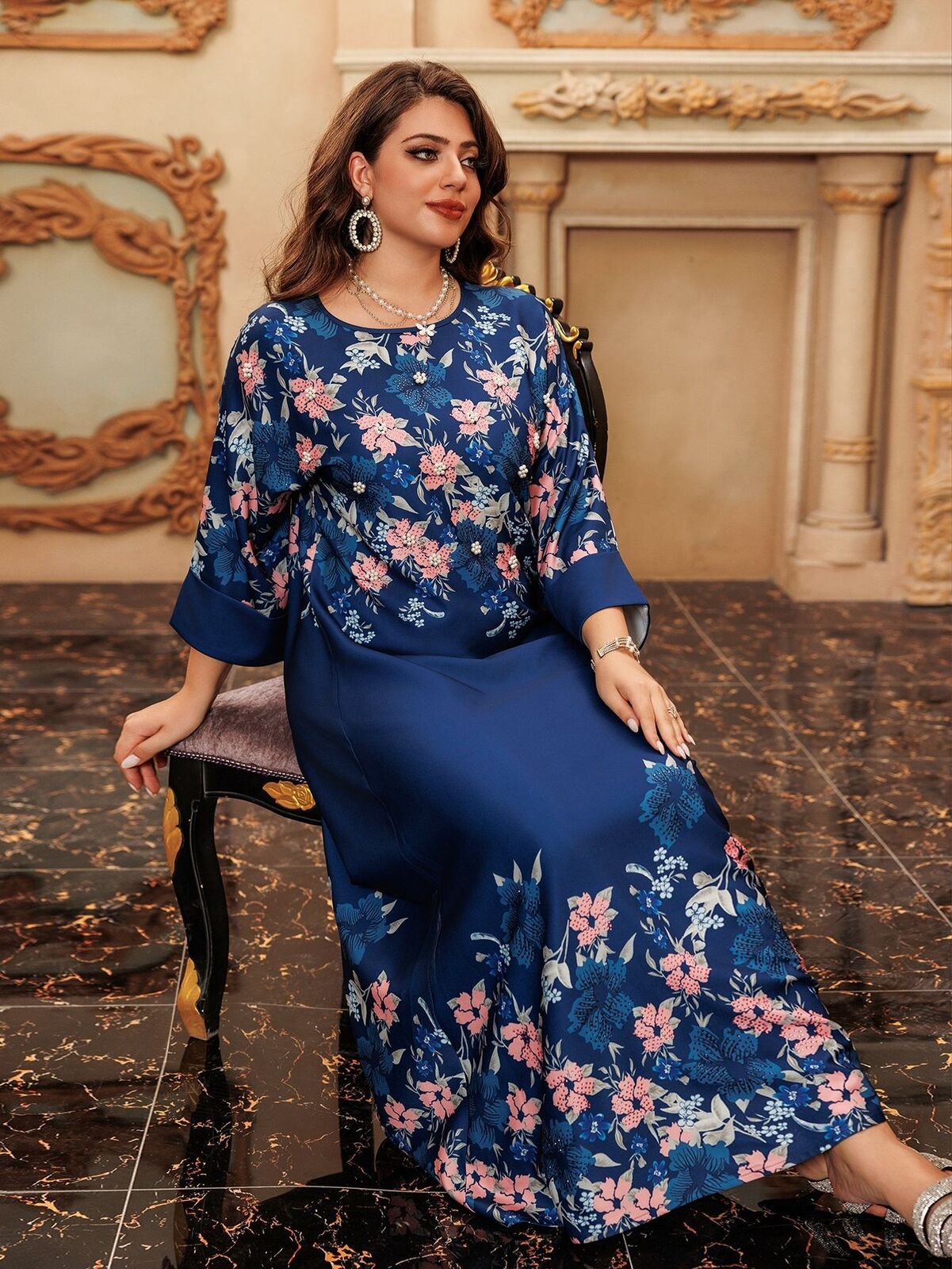 Women Muslim Abaya Maxi Dress Evening Kaftan Long Robe Floral Printed Arab Gown - Picture 115 of 406