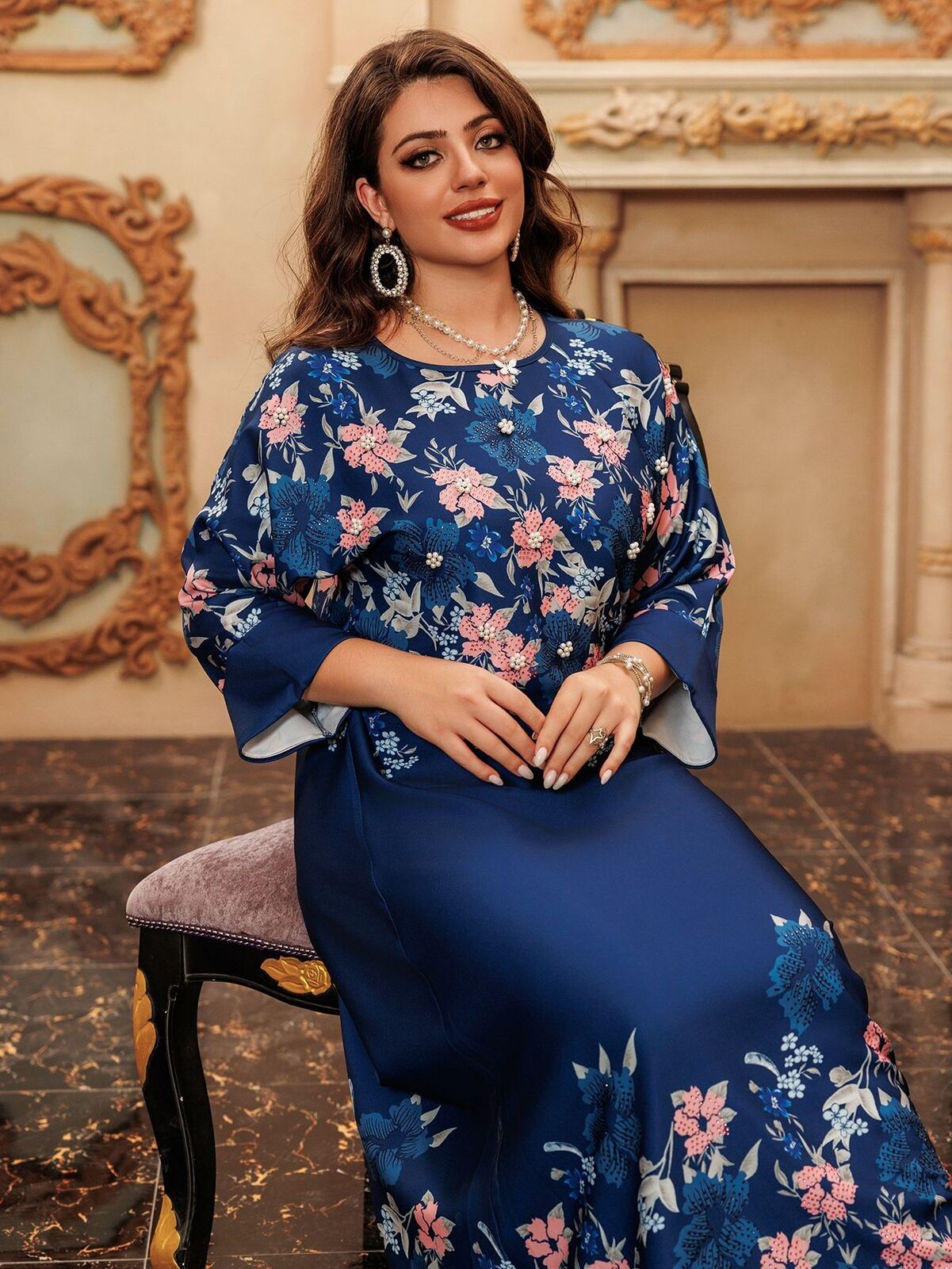 Women Muslim Abaya Maxi Dress Evening Kaftan Long Robe Floral Printed Arab Gown - Picture 116 of 406