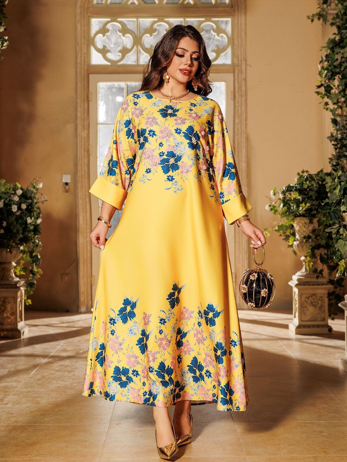 Women Muslim Abaya Maxi Dress Evening Kaftan Long Robe Floral Printed Arab Gown - Picture 119 of 406