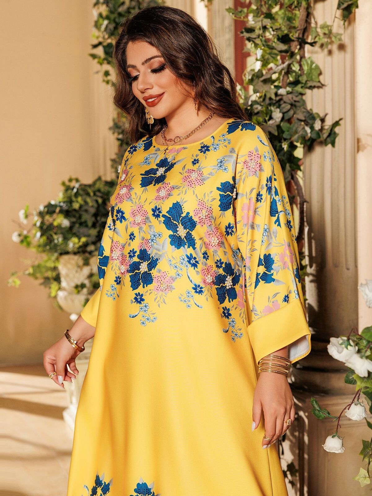 Women Muslim Abaya Maxi Dress Evening Kaftan Long Robe Floral Printed Arab Gown - Picture 120 of 406