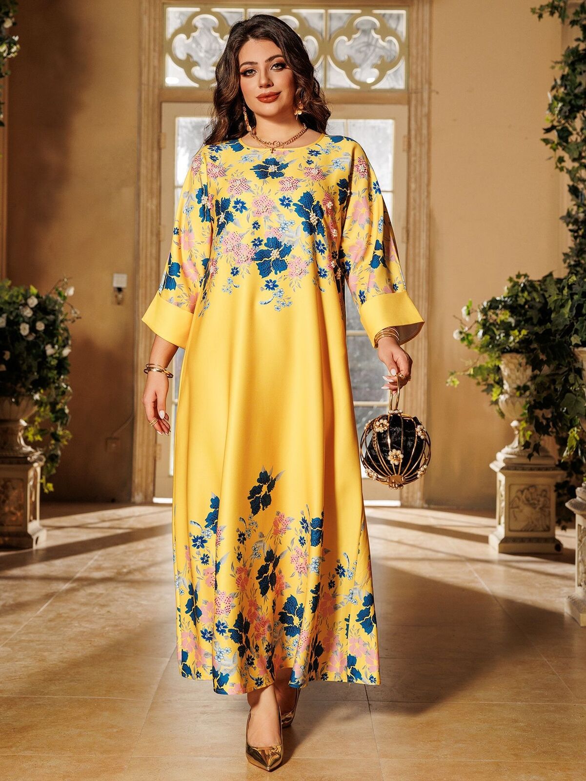 Women Muslim Abaya Maxi Dress Evening Kaftan Long Robe Floral Printed Arab Gown - Picture 121 of 406