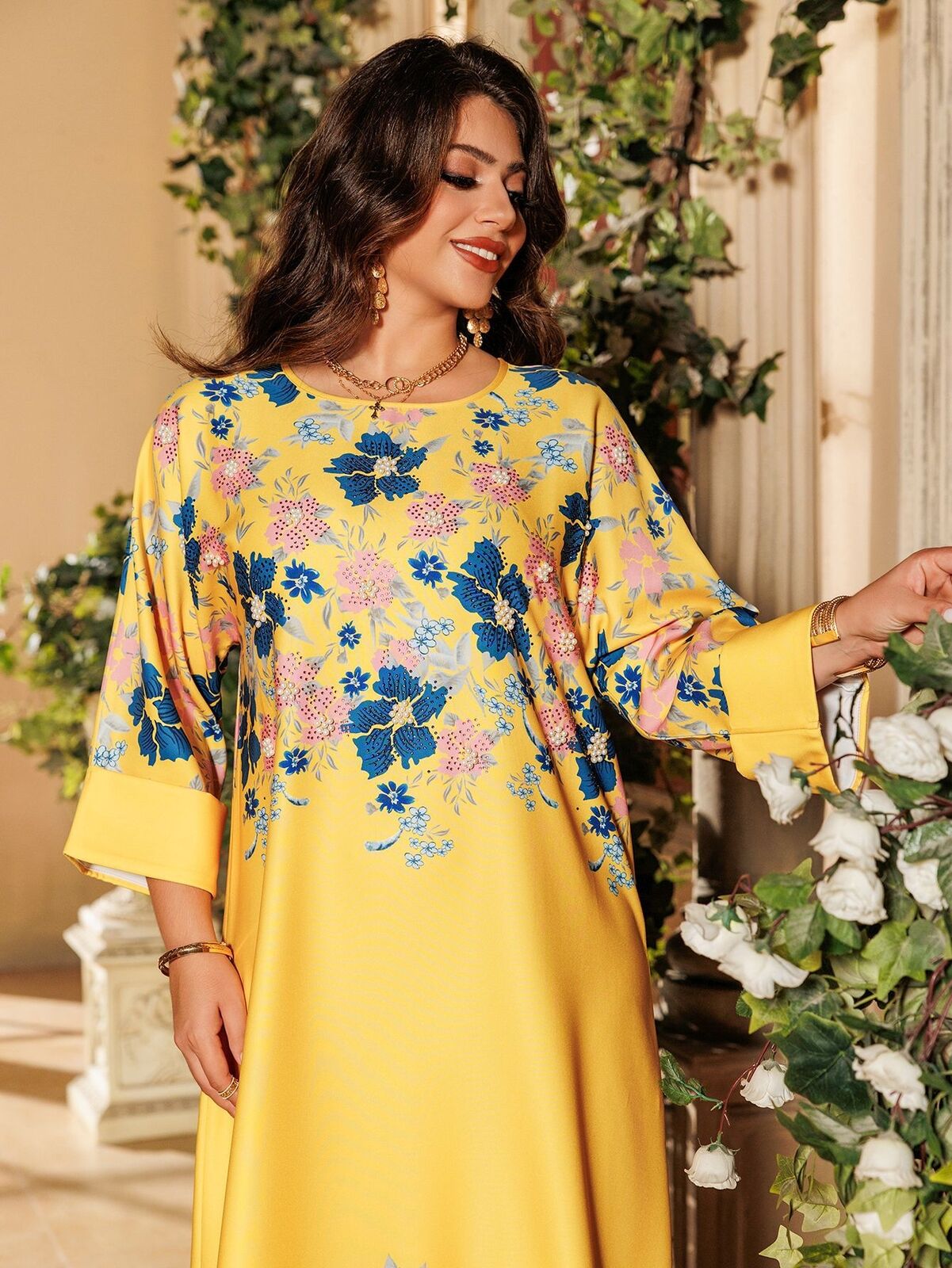 Women Muslim Abaya Maxi Dress Evening Kaftan Long Robe Floral Printed Arab Gown - Picture 122 of 406