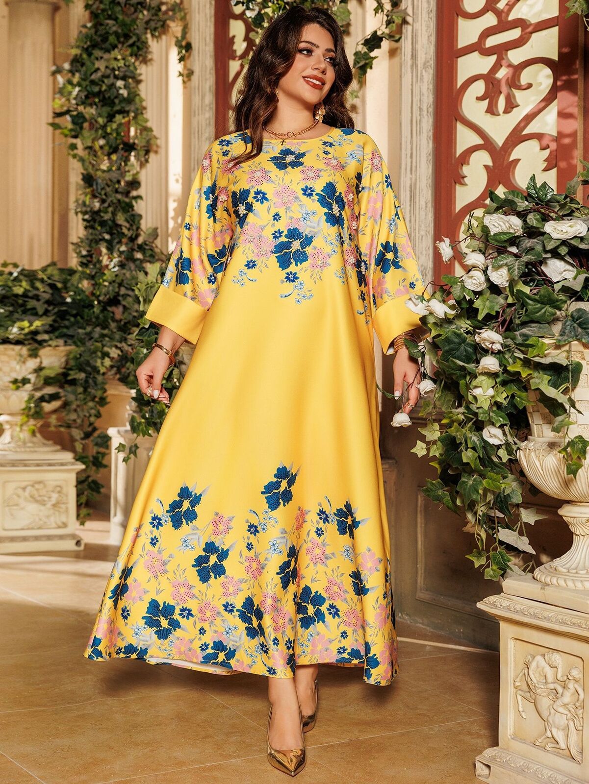 Women Muslim Abaya Maxi Dress Evening Kaftan Long Robe Floral Printed Arab Gown - Picture 124 of 406