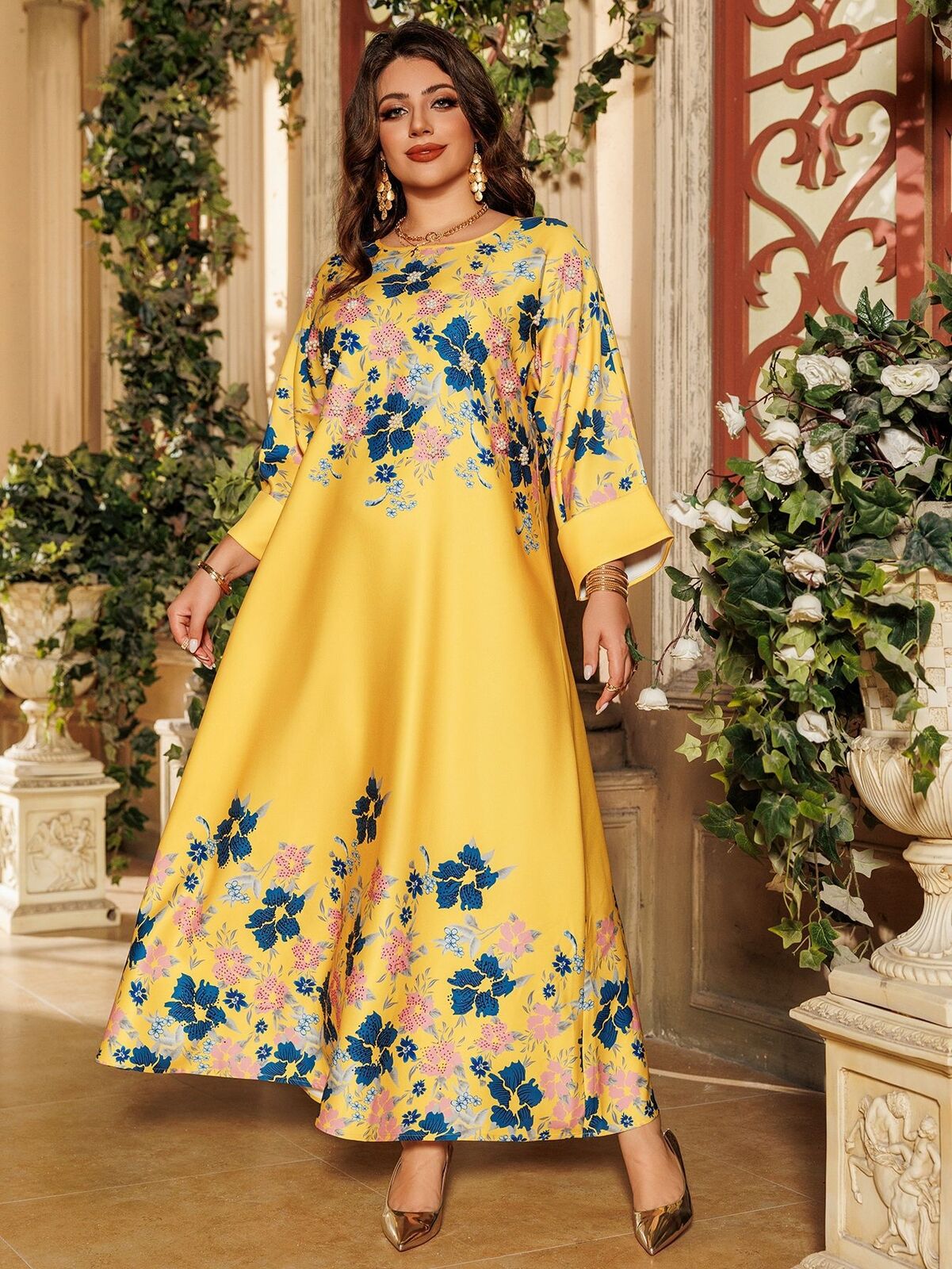Women Muslim Abaya Maxi Dress Evening Kaftan Long Robe Floral Printed Arab Gown - Picture 126 of 406