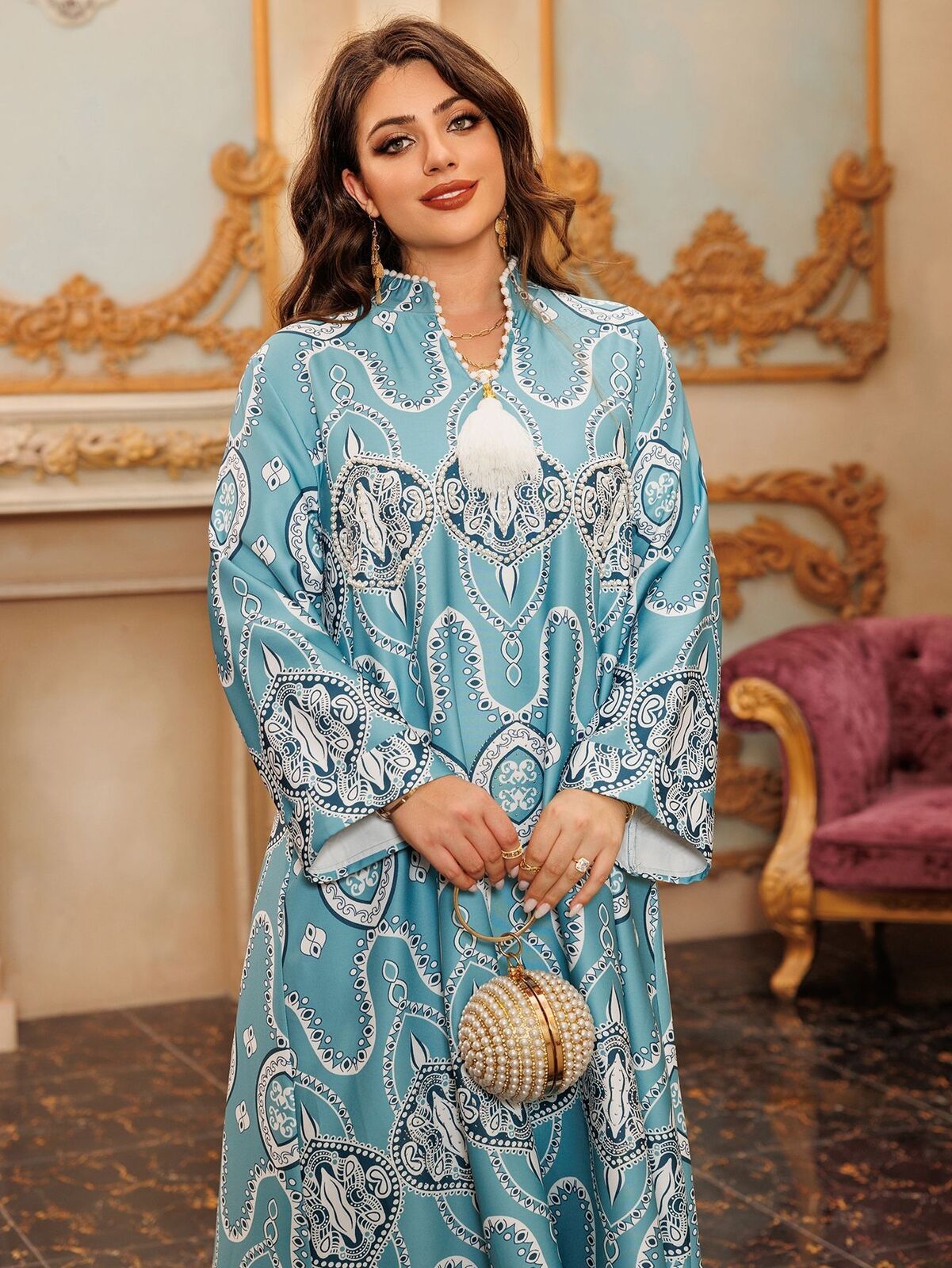 Women Muslim Abaya Maxi Dress Evening Kaftan Long Robe Floral Printed Arab Gown - Picture 141 of 406