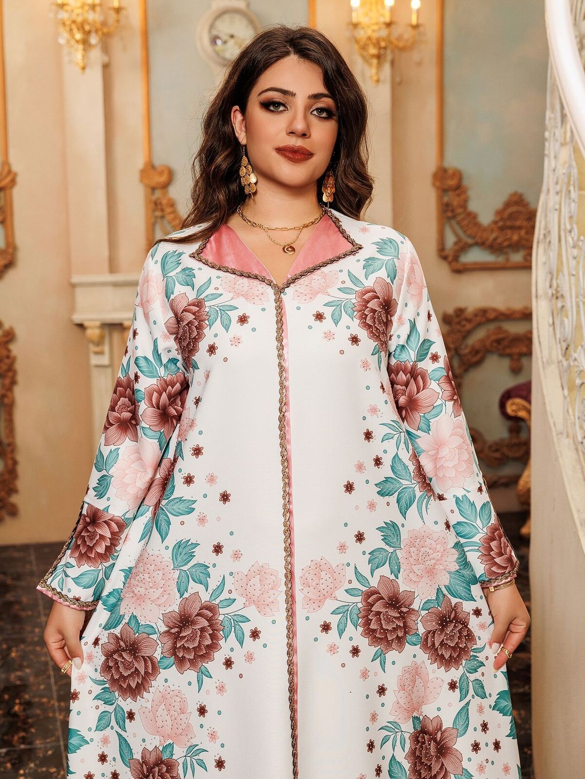 Women Muslim Abaya Maxi Dress Evening Kaftan Long Robe Floral Printed Arab Gown - Picture 154 of 406