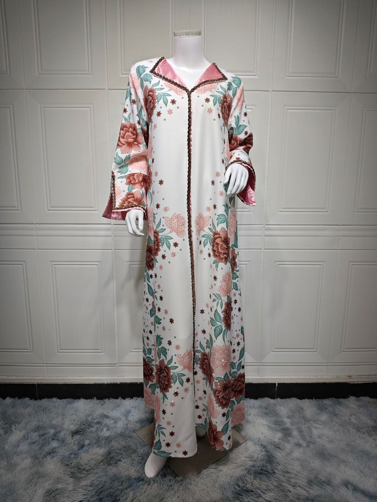 Women Muslim Abaya Maxi Dress Evening Kaftan Long Robe Floral Printed Arab Gown - Picture 155 of 406