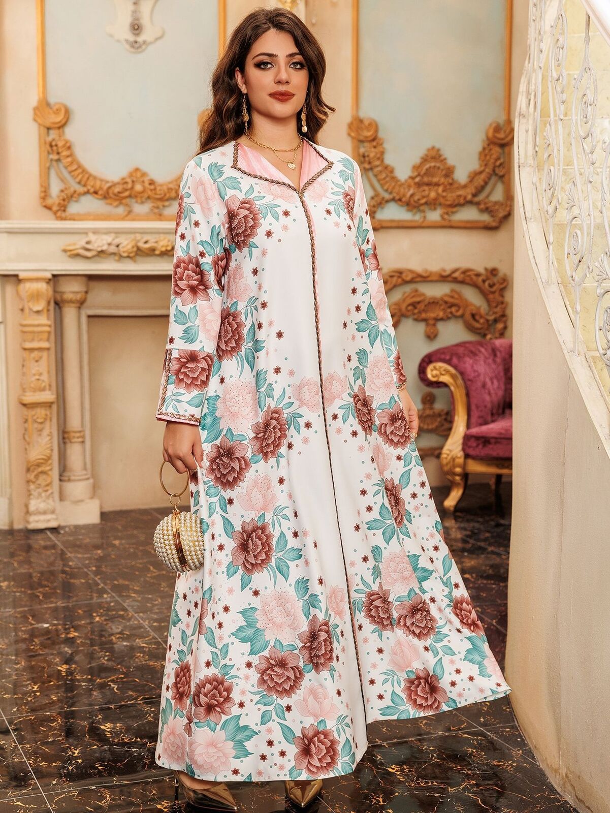 Women Muslim Abaya Maxi Dress Evening Kaftan Long Robe Floral Printed Arab Gown - Picture 156 of 406