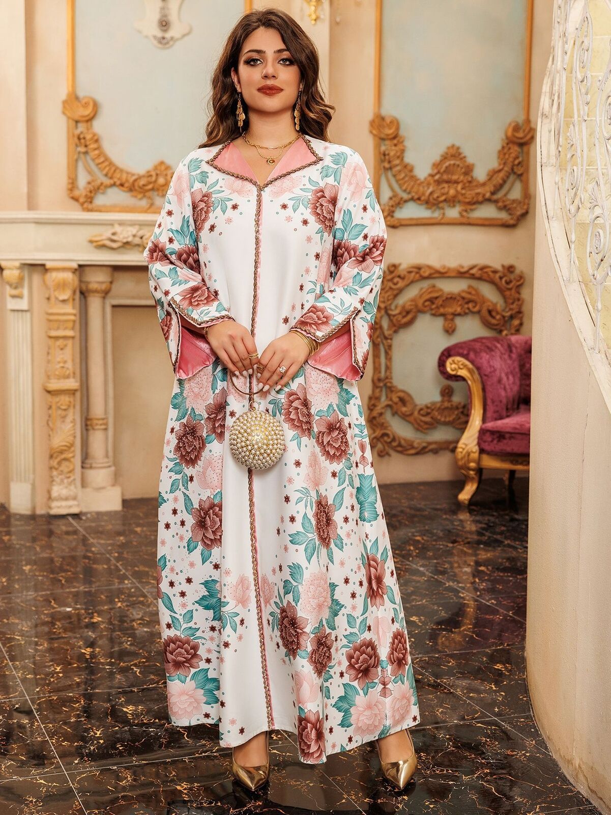 Women Muslim Abaya Maxi Dress Evening Kaftan Long Robe Floral Printed Arab Gown - Picture 157 of 406
