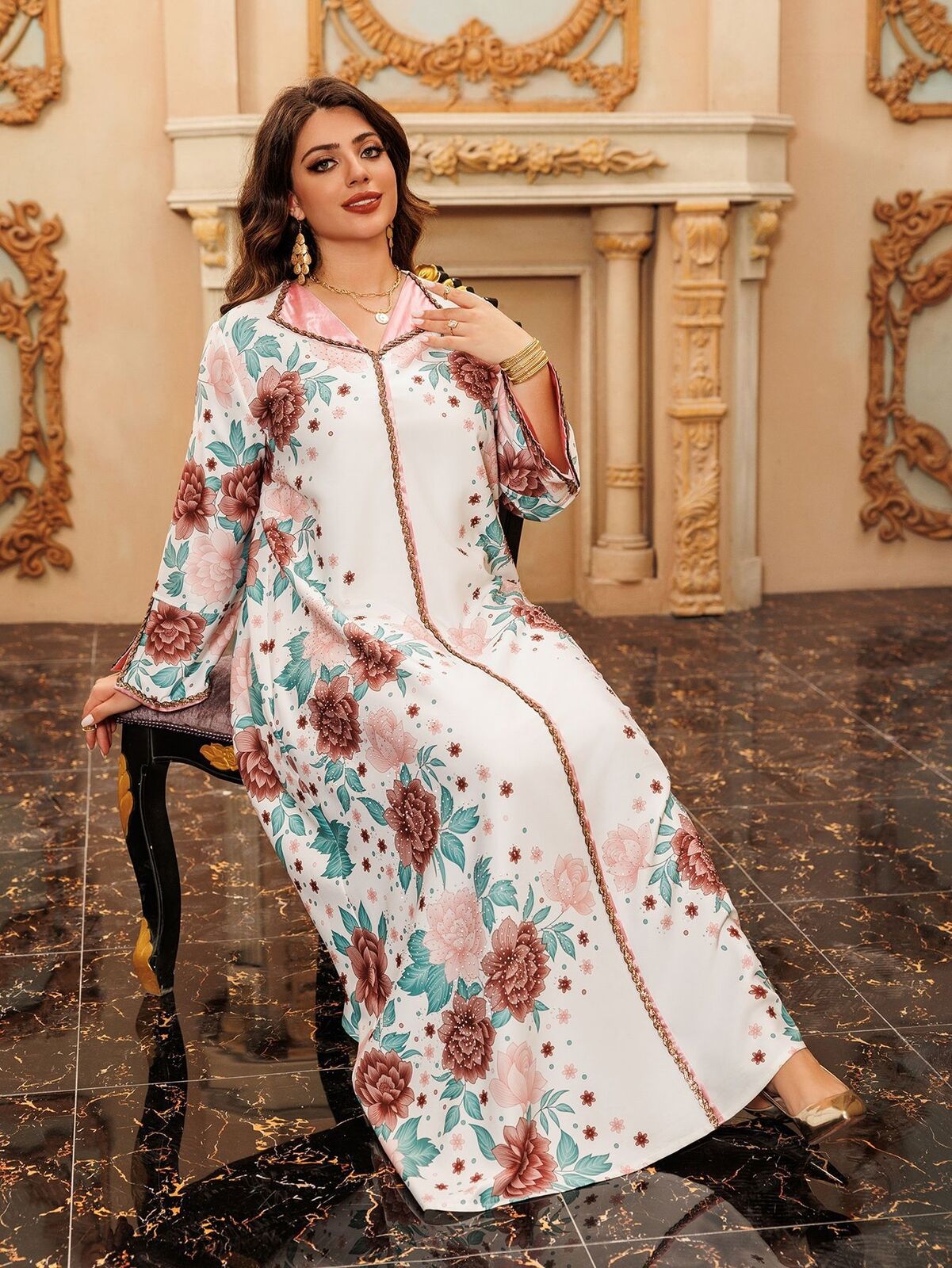 Women Muslim Abaya Maxi Dress Evening Kaftan Long Robe Floral Printed Arab Gown - Picture 158 of 406