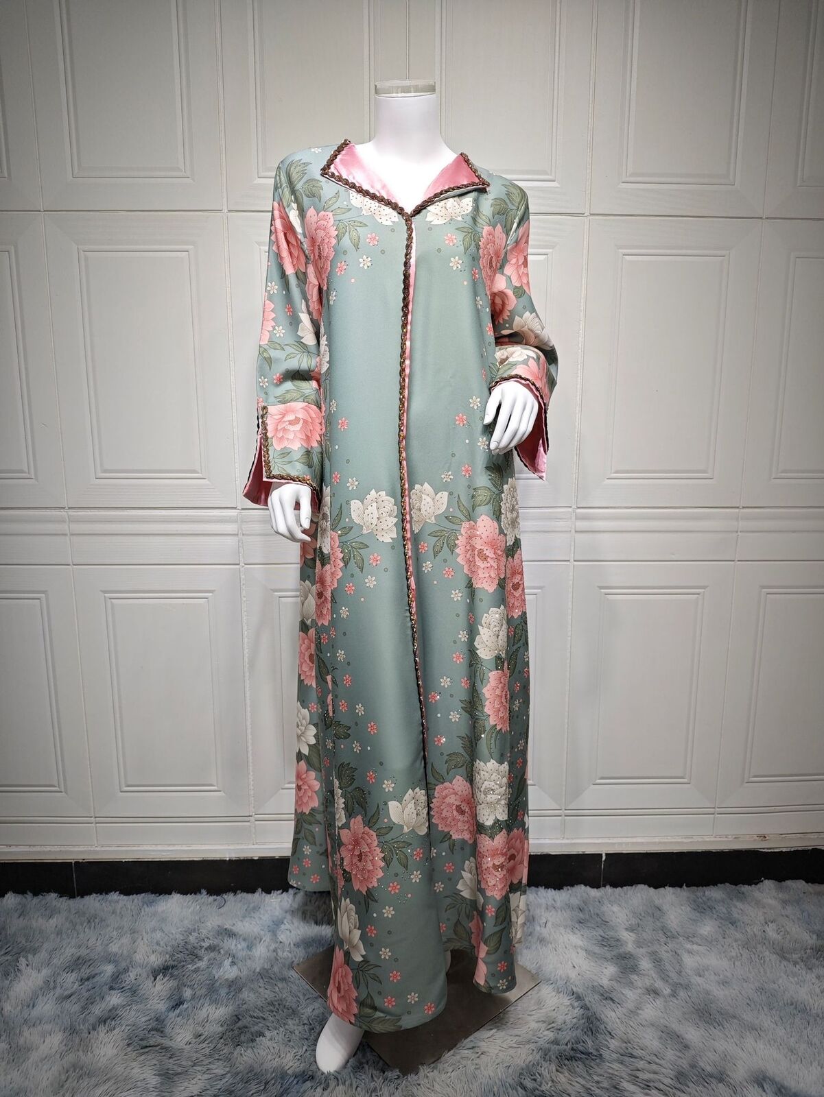 Women Muslim Abaya Maxi Dress Evening Kaftan Long Robe Floral Printed Arab Gown - Picture 163 of 406