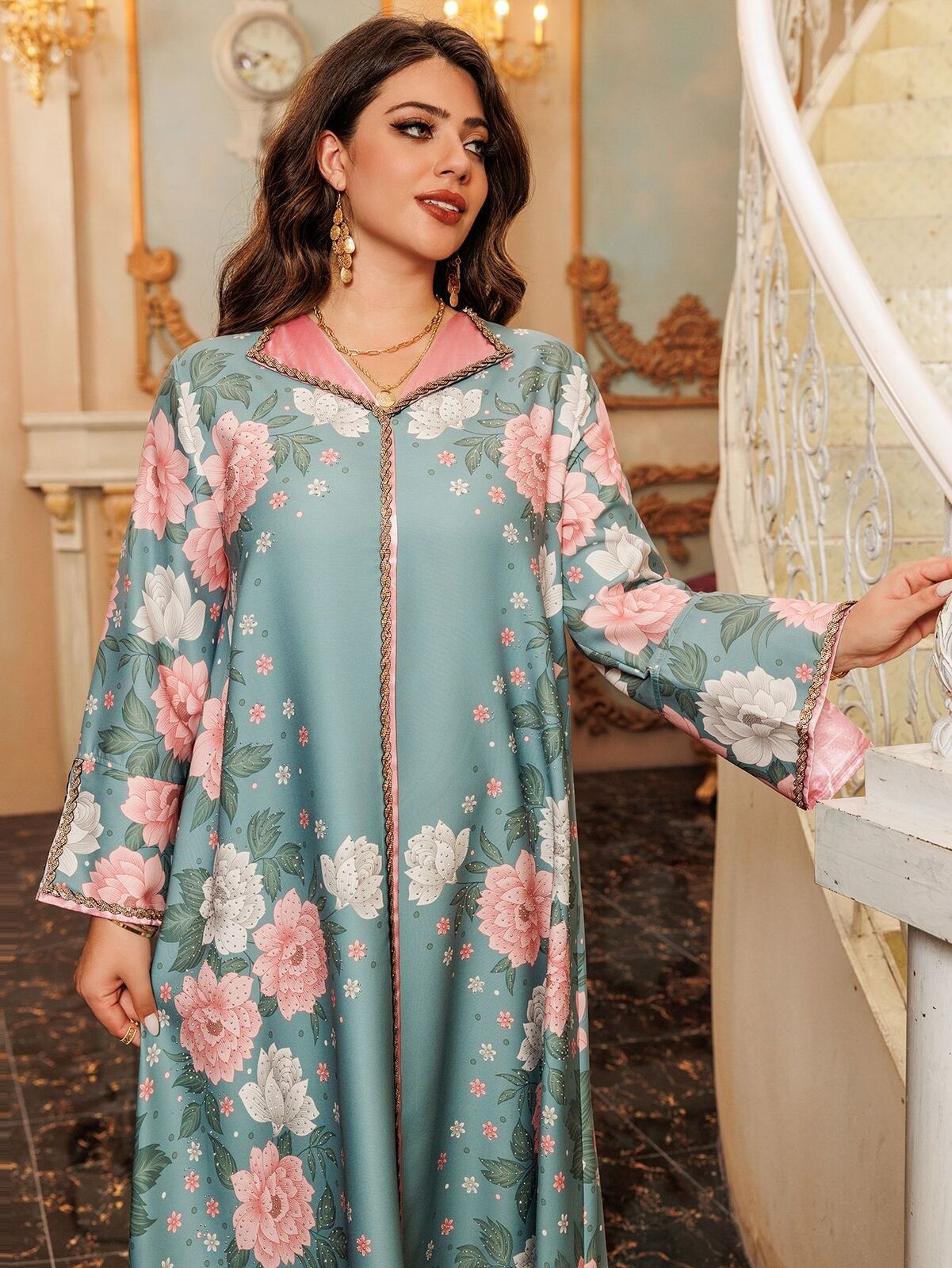 Women Muslim Abaya Maxi Dress Evening Kaftan Long Robe Floral Printed Arab Gown - Picture 164 of 406
