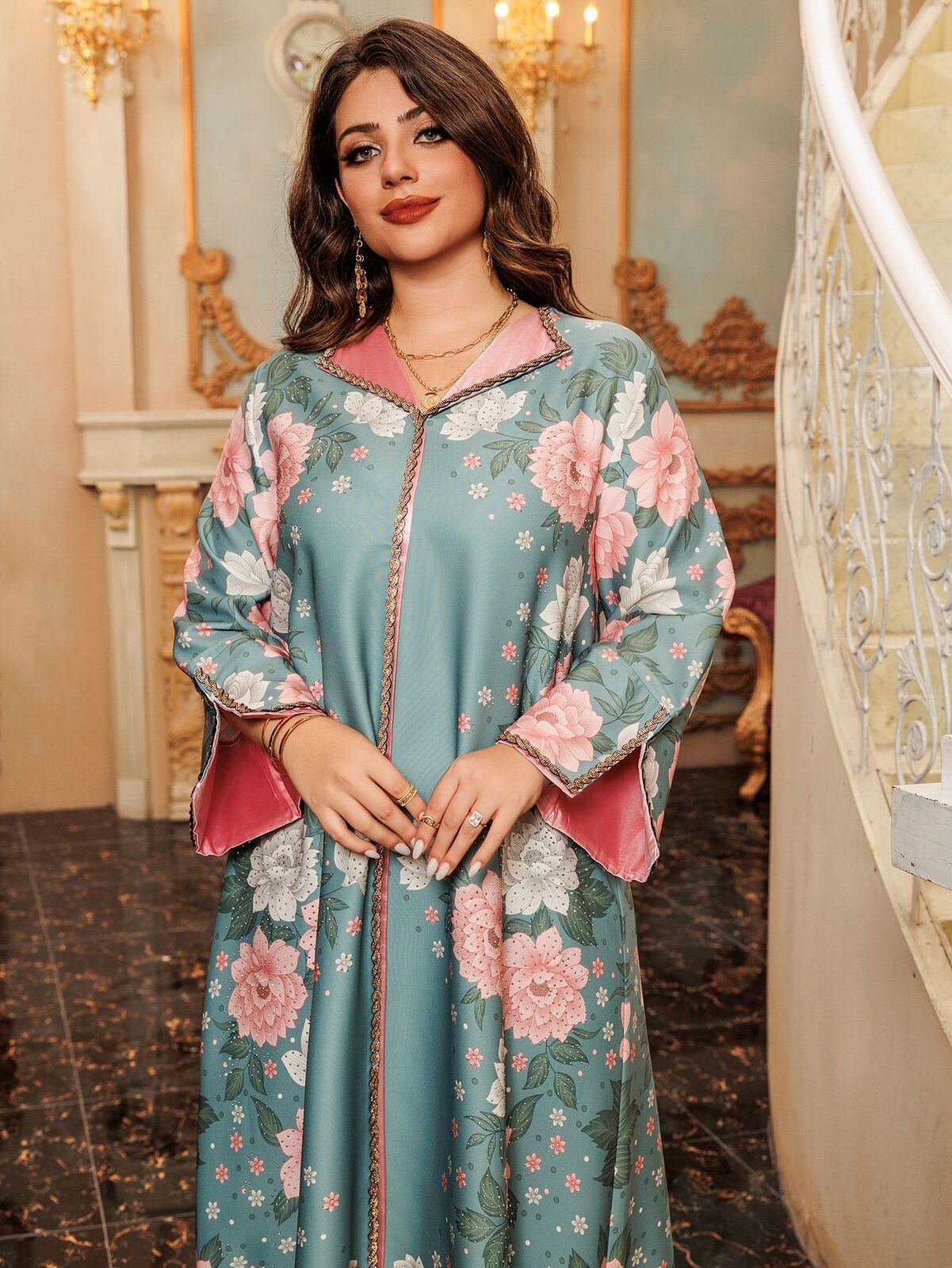 Women Muslim Abaya Maxi Dress Evening Kaftan Long Robe Floral Printed Arab Gown - Picture 165 of 406