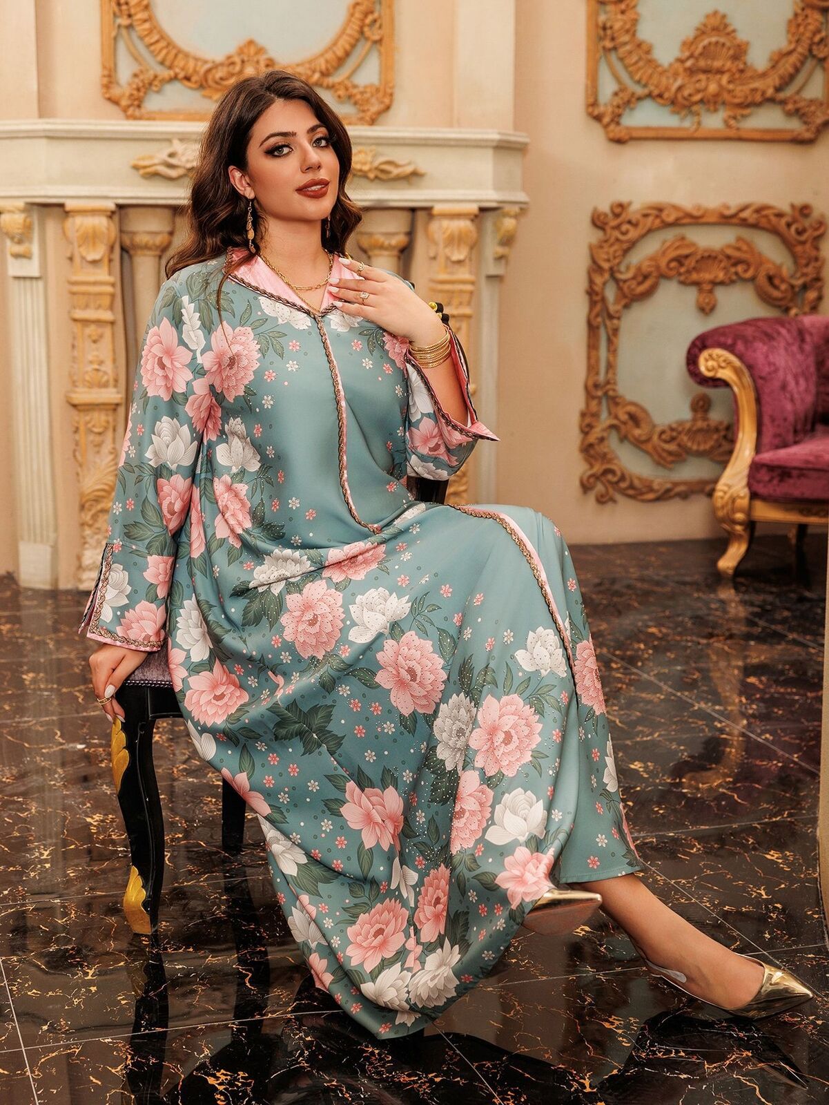 Women Muslim Abaya Maxi Dress Evening Kaftan Long Robe Floral Printed Arab Gown - Picture 167 of 406
